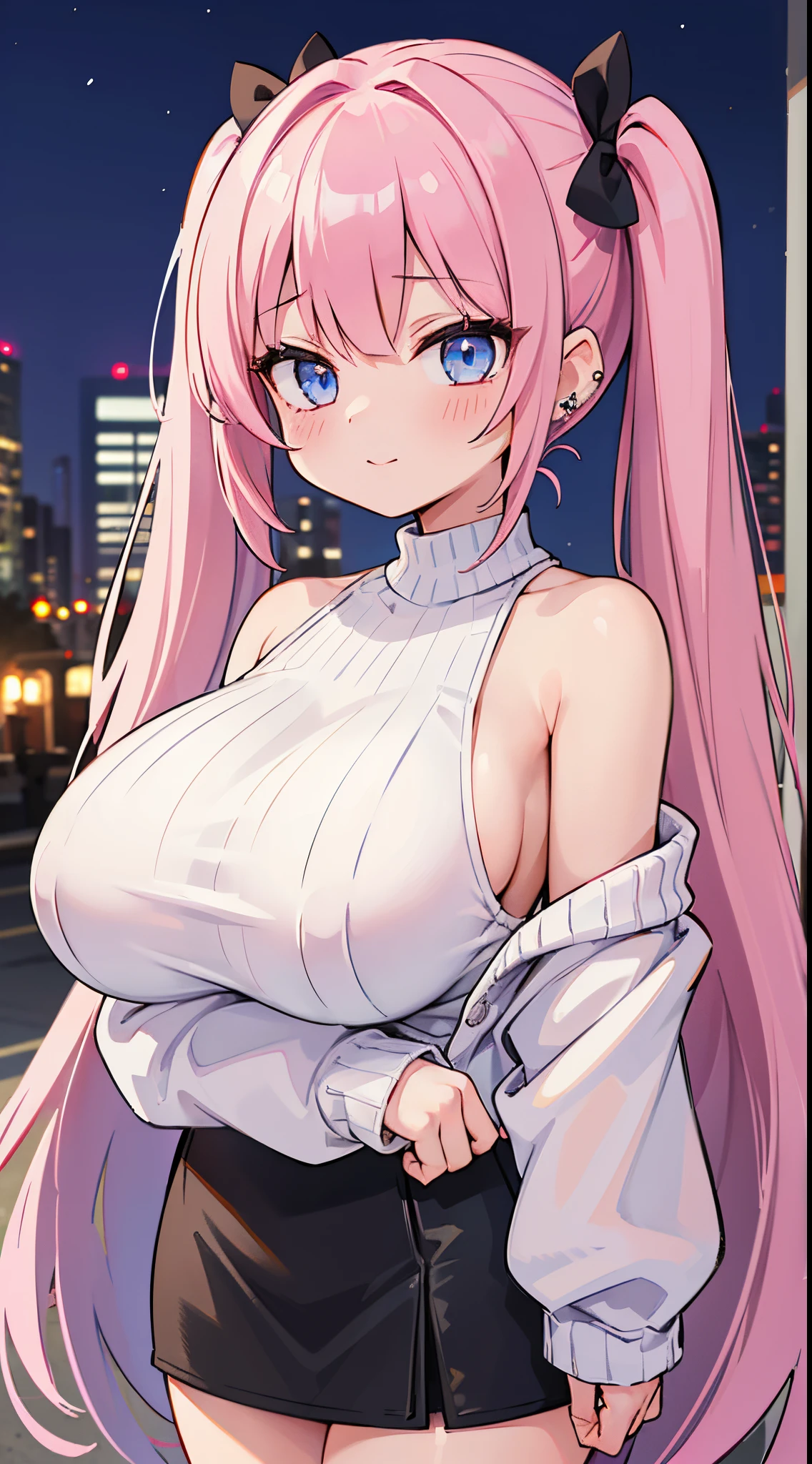(masterpiece、top-quality、ultra-detailliert)、((1 girl))、((Pink hair twin tails))、light blue eyes、evilsmile、piercings、((very Bigger breasts))、white sweater、off shoulder、black mini pencil skirt、cowboy shot、Downtown background at night
