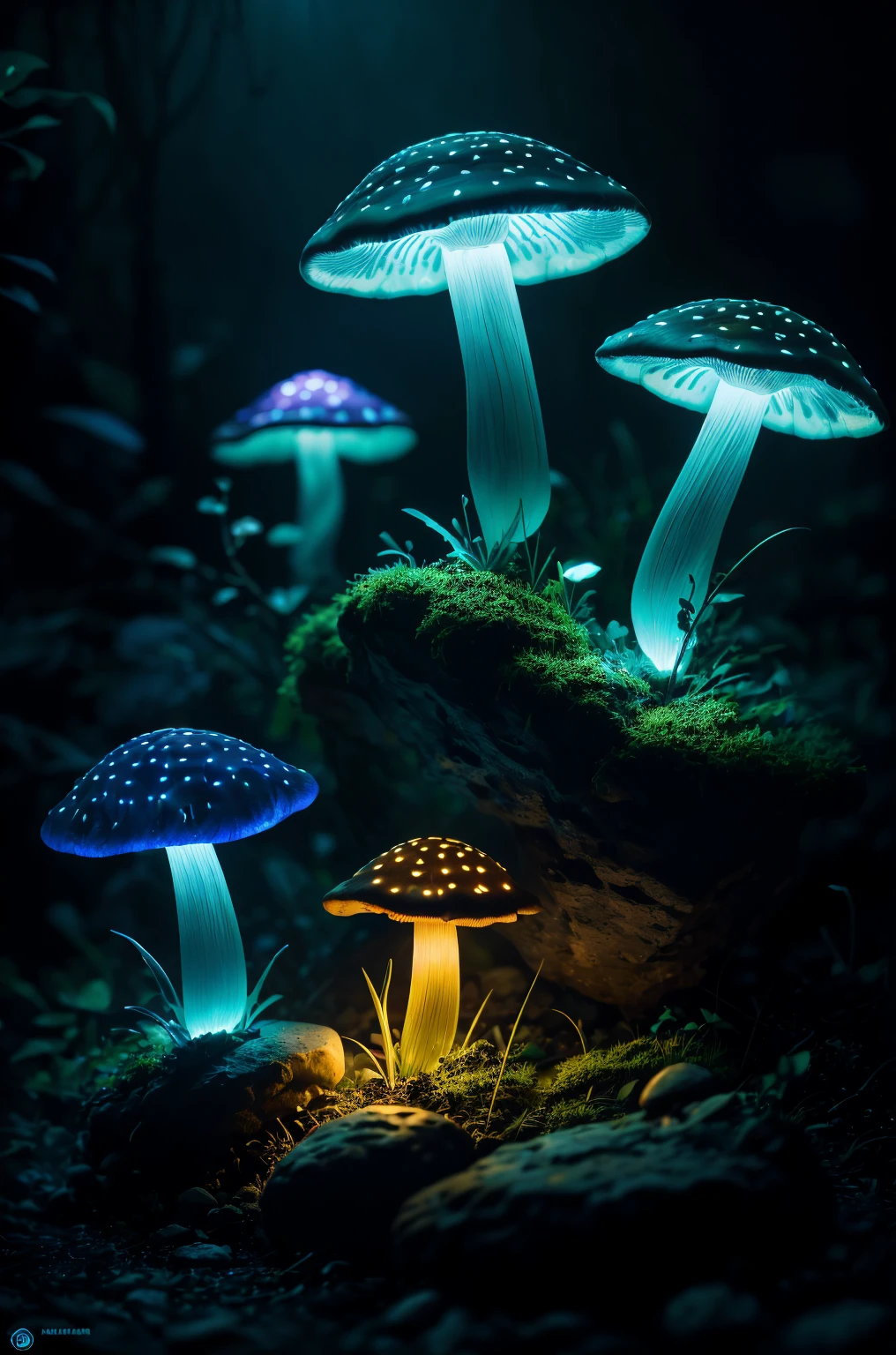 bioluminescent mushroom, bokeh, raytracing, realistic textured skin, particle effects, depth of field, beautiful figure painting, bright light, amazing composition, HDR, volumetric lighting, ultra quality, elegant, highly detailed, masterpiece, best quality, high resolution,