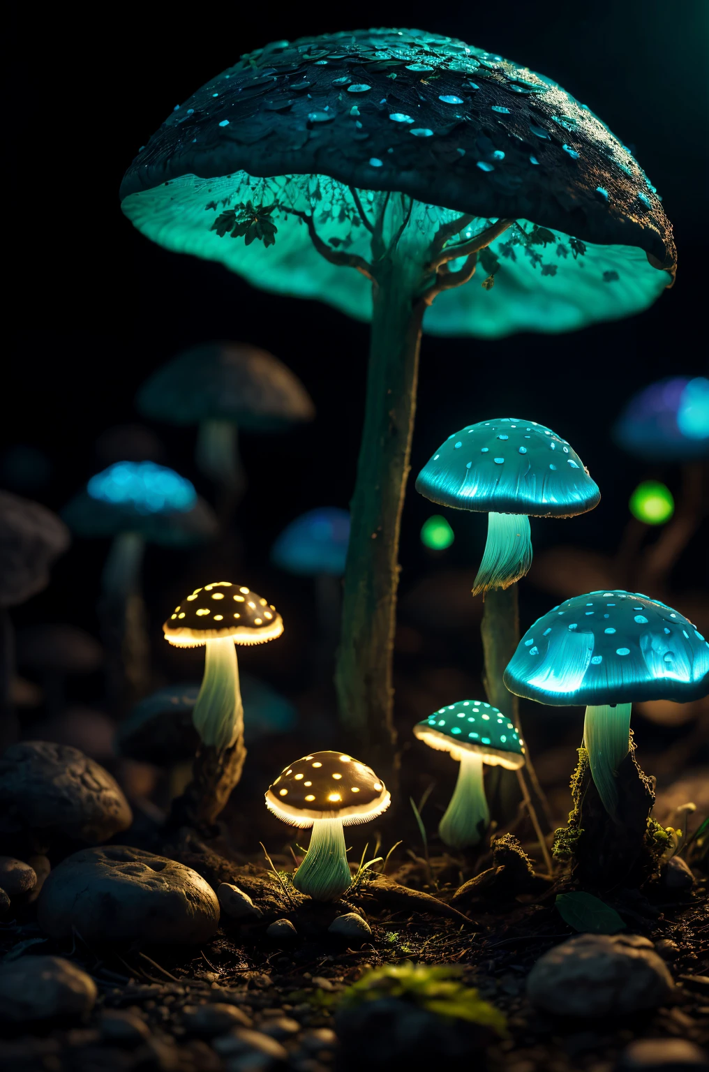 bioluminescent mushroom, bokeh, raytracing, realistic textured skin, particle effects, depth of field, beautiful figure painting, bright light, amazing composition, HDR, volumetric lighting, ultra quality, elegant, highly detailed, masterpiece, best quality, high resolution, modelshoot style, rear view