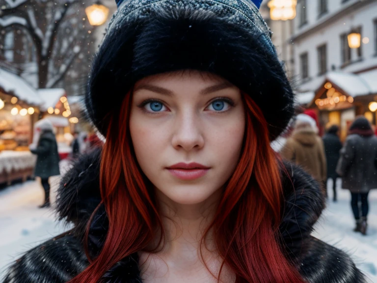 A Masterpiece, hyperrealistic, real life photo of a young seductive white girl, ((bright red hair and blue eyes)), ((skin texture)), walking through a snowy winter christmas market, (wearing an open fur coat, lingerie and wooly hat),