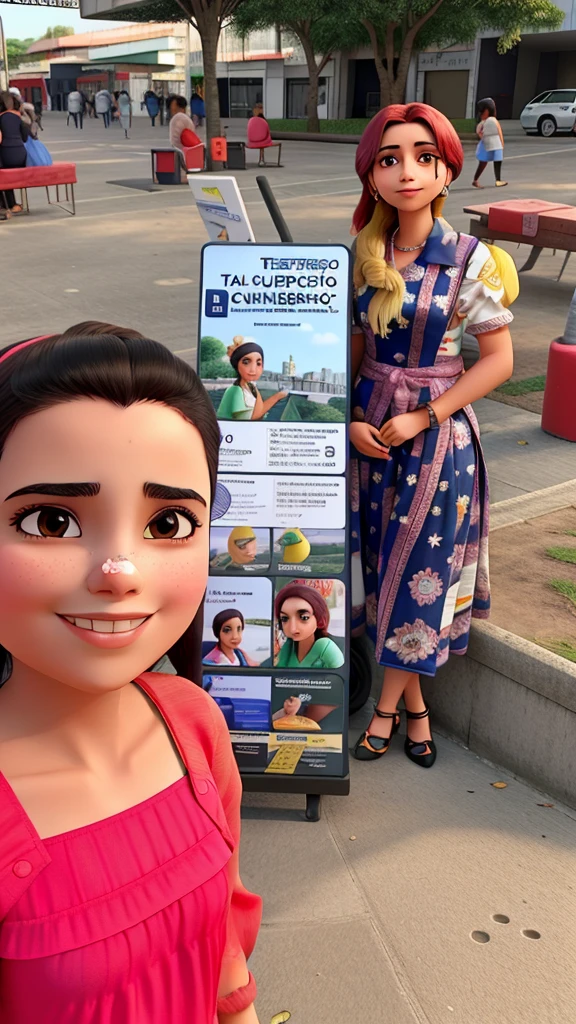 Uma mulher branca 26 anos, com cabelos loiro claro, rosto fino, com sorriso encantador, segurando um microfone, na igreja, Wearing purple jumpsuit with yellow and blue pant pockets and long black mage shirt , Teaching Children and Brown Eyes, Estilo Disney Pixar, com cores brilhantes