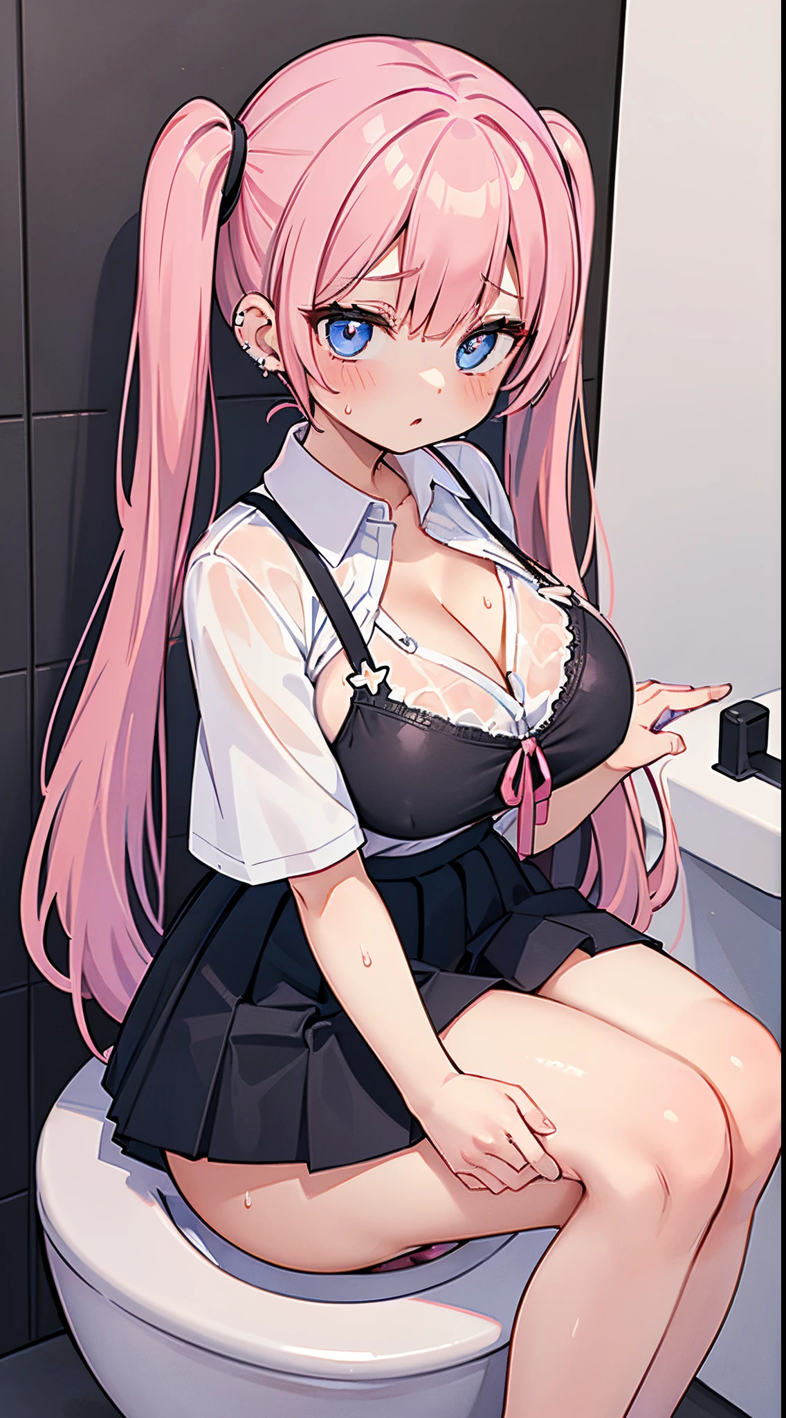 (​masterpiece、top-quality、ultra-detailliert)、((1 girl))、((Pink hair twin tails))、light blue  eyes、red blush、piercings、((very Bigger breasts))、White shirt、shortsleeves、cleavage、(wet clothes)、Black pleated skirt、(siting on a toilet)、((panties down to the knees))、(black panties)、Toilet background