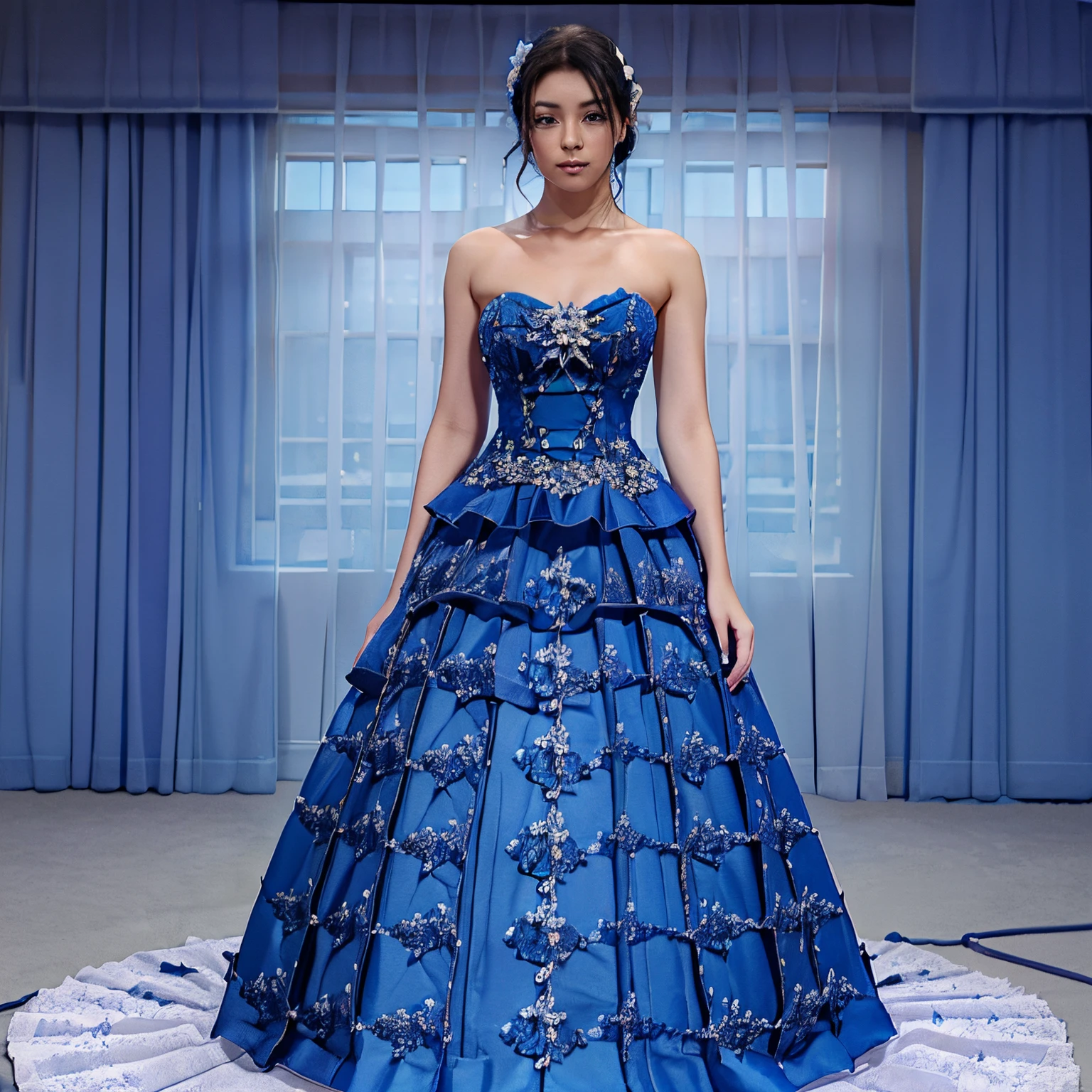 Generate me a design of a three tier gown with designs of a blue emperor butterfly and blue roses