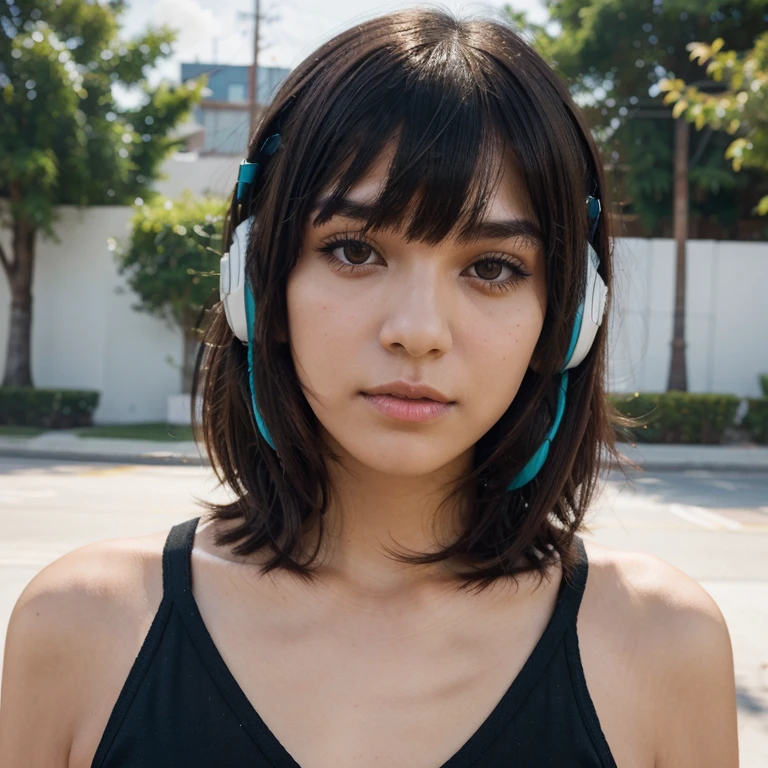 mexican girl with straight bob, bangs and a spectrum piercing, no makeup and acne. semi pale with headphones