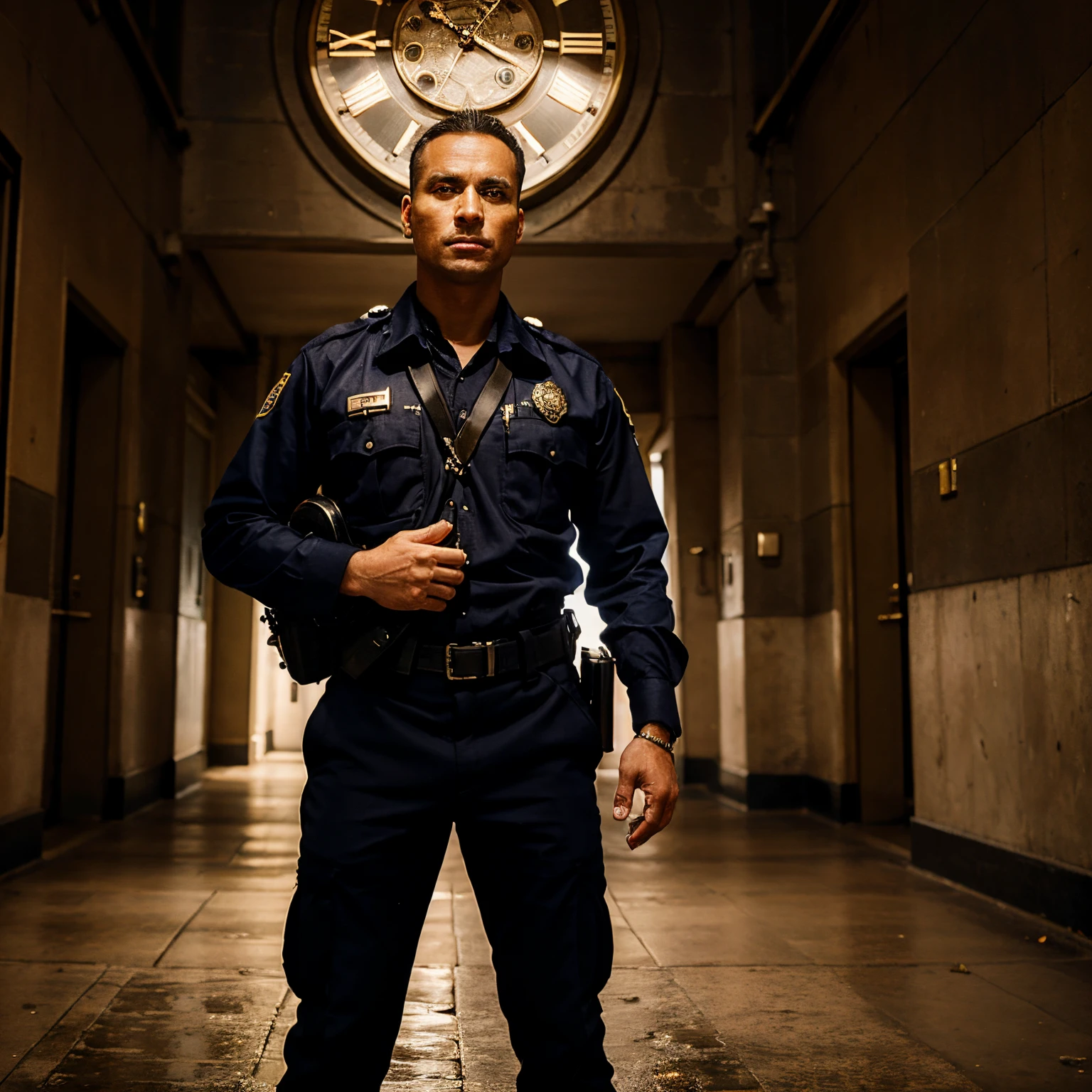 A police officer with a clock for a head called the time police