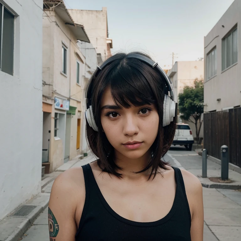 mexican girl with straight bob, bangs and a spectrum piercing, no makeup and acne. semi pale with headphones