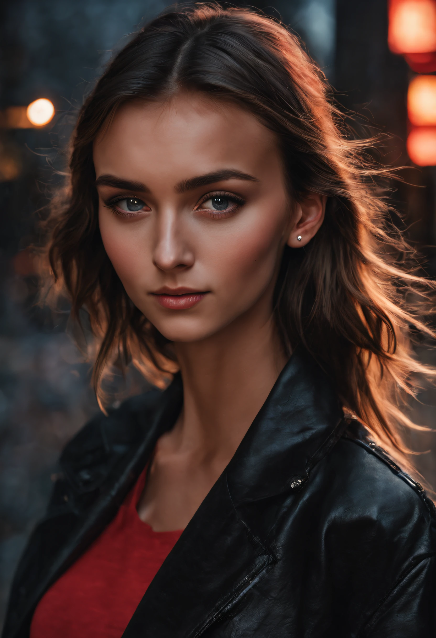 rachel_cook, woman, ((portrait, red shirt , black jacket, black pants)), city at night, ((detailed skin texture,dark night, midnight, full moon, starry sky)), ((sharp face, detailed face, realistic face, naturtal skin, realistic skin, detailed skin, pores, detailed eyes,realistic eyes)),, (masterpiece, best quality, ultra-detailed, best shadow), high contrast, (best illumination), ((cinematic light)), colorful, hyper detail, dramatic light, intricate details, (1 girl, solo) , ultra detailed artistic photography, dreamy, backlit, shadows, ultra high definition, 8k, ultra sharp focus, ultra high quality model, soft lighting, film photography, analogue photography, hyperrealism,