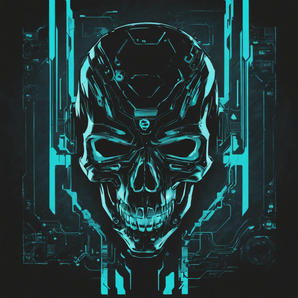 cyberpunk skull, black background, cyan, minimalist,cyberpunk style