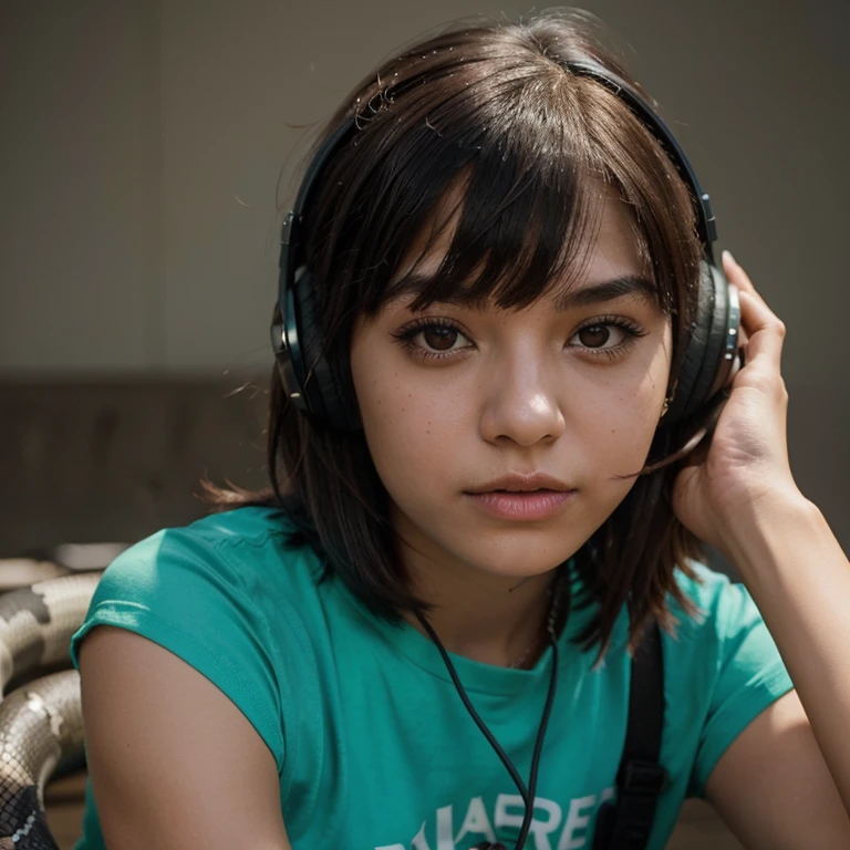 mexican girl with straight bob, bangs . she has a spectrum piercing and snake bites. no makeup and has acne. she’s also semi pale with headphones