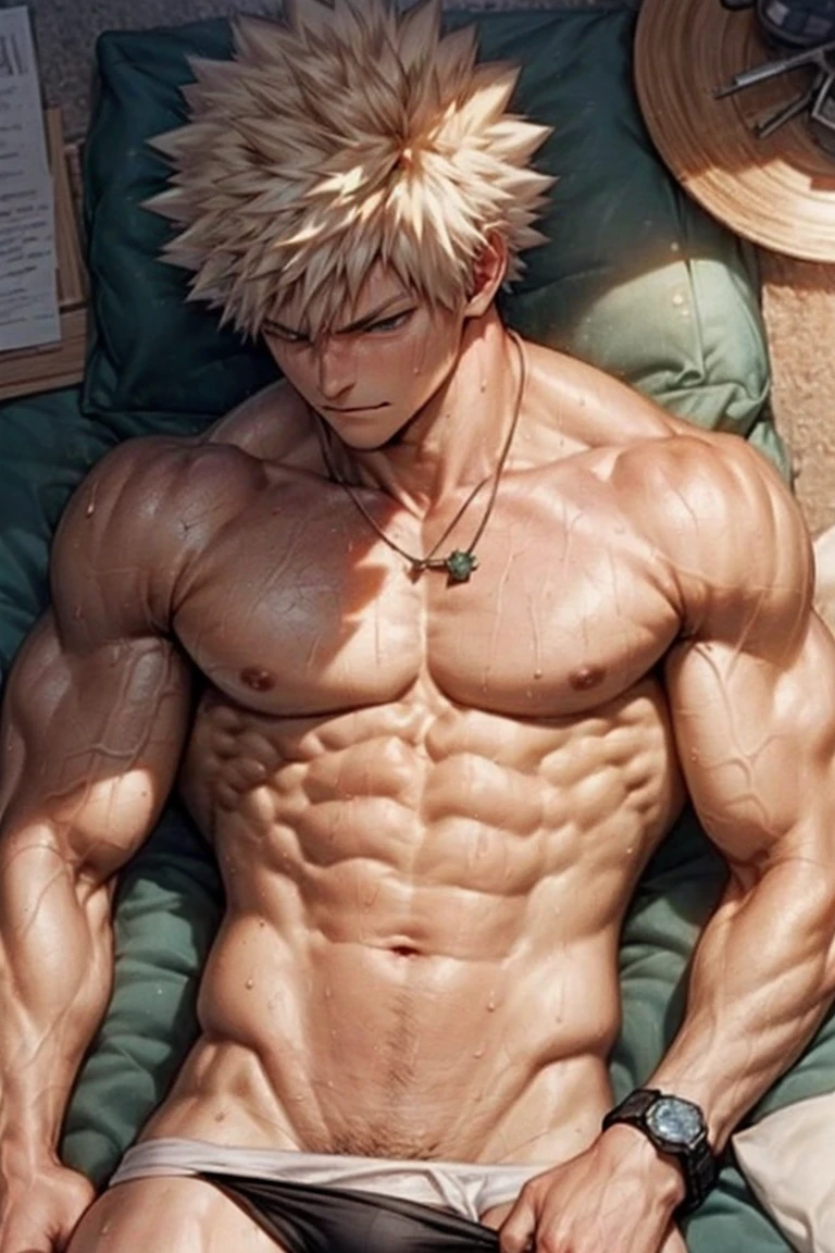 Muscular bakugou katsuki laying down on a mattress top view, relaxed expression, naked panties, muscular pecs and washboard abs, sweating heavily, wristwatch, necklace, red and yellow glitter particles in air