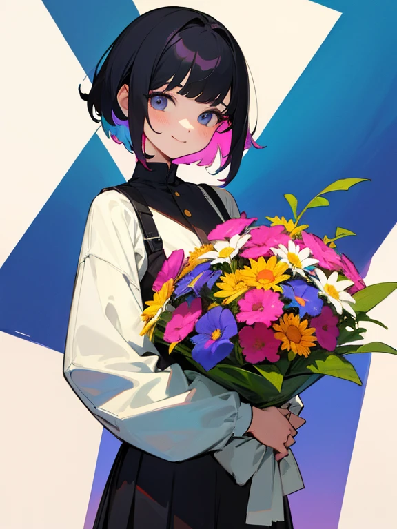 in 8K、portlate、teens girl、Shorthair、A dark-haired、Colorful inner colors、a smile、Bouquet in hand、The upper part of the body
