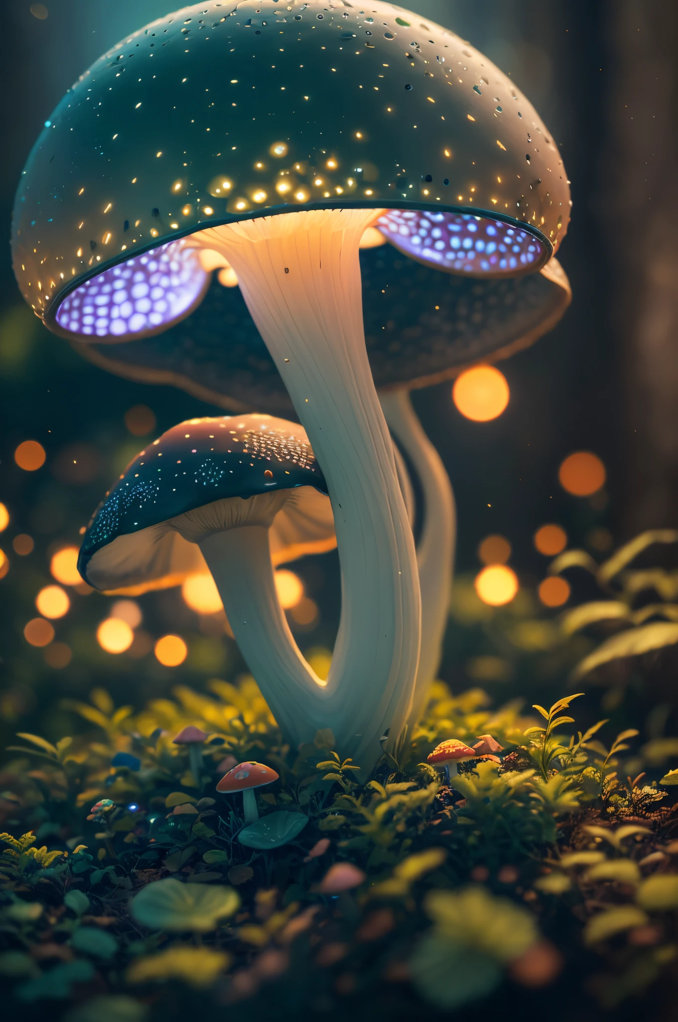 bioluminescent mushroom, bokeh, raytracing, realistic textured skin, particle effects, depth of field, beautiful figure painting, bright light, amazing composition, HDR, volumetric lighting, ultra quality, elegant, highly detailed, masterpiece, best quality, high resolution,