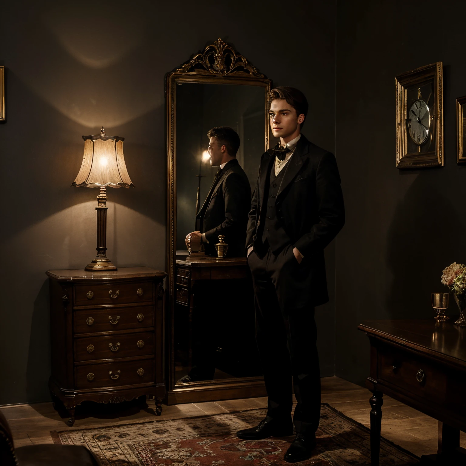 antique clock with a young man looking at it with a dark landscape behind dark room antique furniture