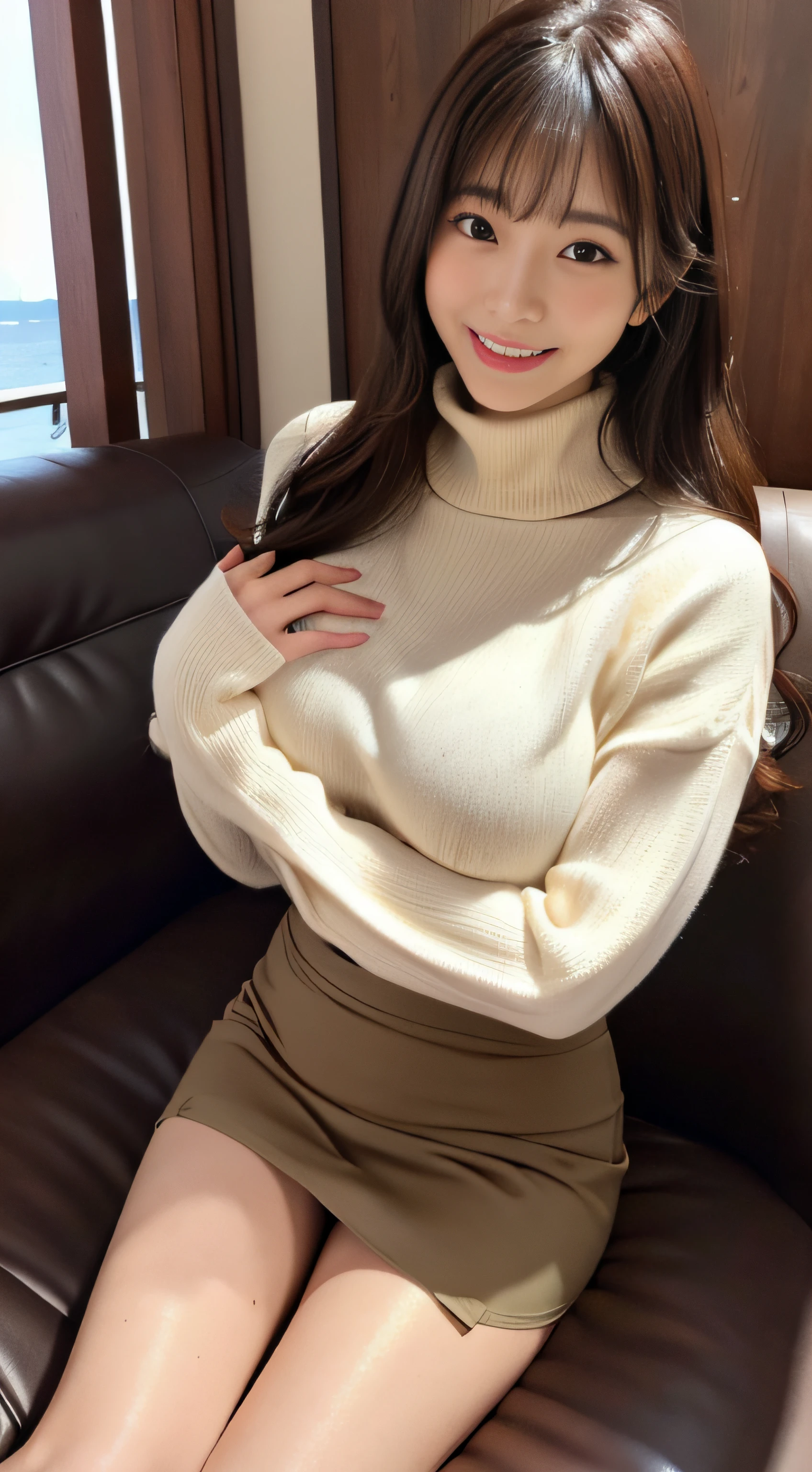 top-quality、Top image quality、​masterpiece、fully body photo、25 years old women、dark brown medium wavy hair、bangss、Beige turtleneck sweater、long flare skirt long boots、Black stockings、Big breasts,、laying on a couch、((Open knees、Open both knees、Lifting the skirt with your hands、Show panties))、Light blue panties are visible、((Puffy nipple))、soft boob、、Kamimei、 Shy laughter、Hotel room with sea view