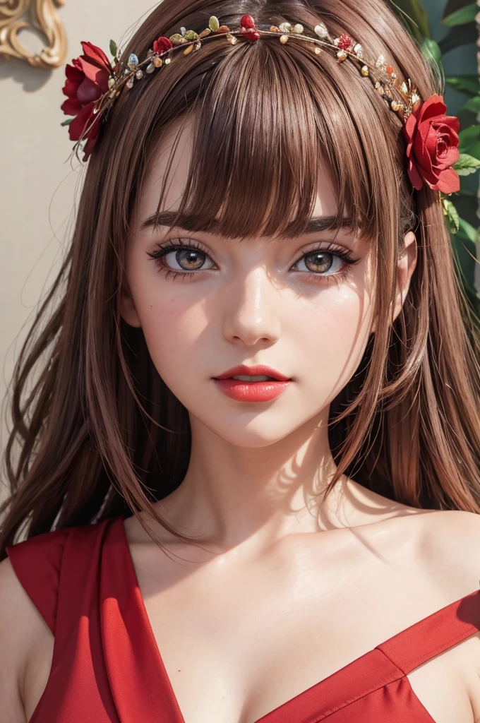 (masterpiece),(best quality:1.0), (ultra highres:1.0), detailed illustration, 8k, anime, 1girl, beautiful anime girl, wearing a red dress, Breasts out over top of dress, flower crown, pretty face, detailed face, beautiful eyes, detailed eyes, dark red eyes, bright red lips, red lipstick, beautiful stylish hair, highlights in hair, bangs anime style, best quality, vibrant