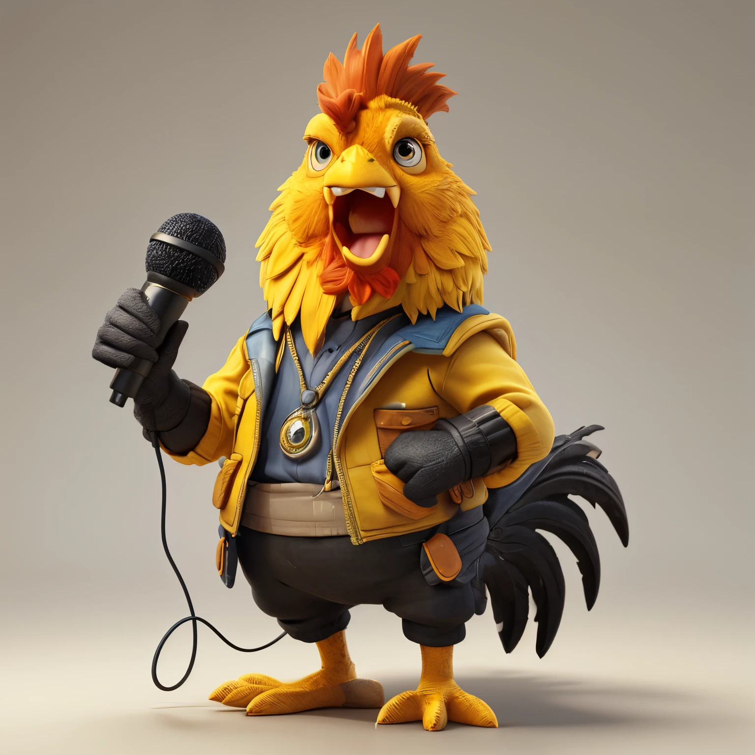 Cartoon Disney estilo pixel, crea un gallo antropomorfo,parado en un cantando, cuerpo y rostro en amarillo y rojo,con apariencia amigable y vestido con ropa de artista,colores llamativos que combinen con,chaqueta y pantalones, usando zapatos, lindos ojos circulares grandes y reflectantes, renderizado de Pixar, cinematic unreal engine, detalles intrincados y suaves