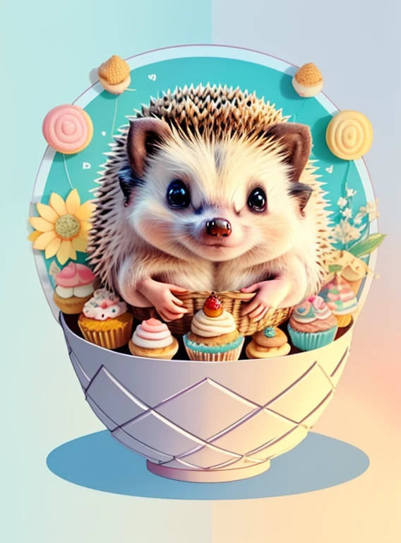 (cute baby hedgehog with a basket of cupcakes), Munchkin ,Geometric multidimensional wall portrait, livro de arte, Tchibi,
Yang08k, Beautiful, Colouring,
Obras, of the highest quality, best quality, Arte Oficial, Beautiful and Aesthetic,