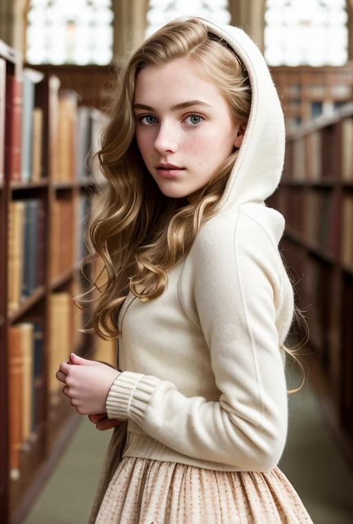 masterpiece, best quality, hyperrealistic, cinematic photo, innocent 20yo female,
pronounced feminine features,
hoodie,
Shoulderlong wavy blonde hair,
freckled face,
(library background),
victorian style,
(8k, epic composition, photorealistic, sharp focus),
elaborate background,
dslr,
intricate details,
rule of thirds,