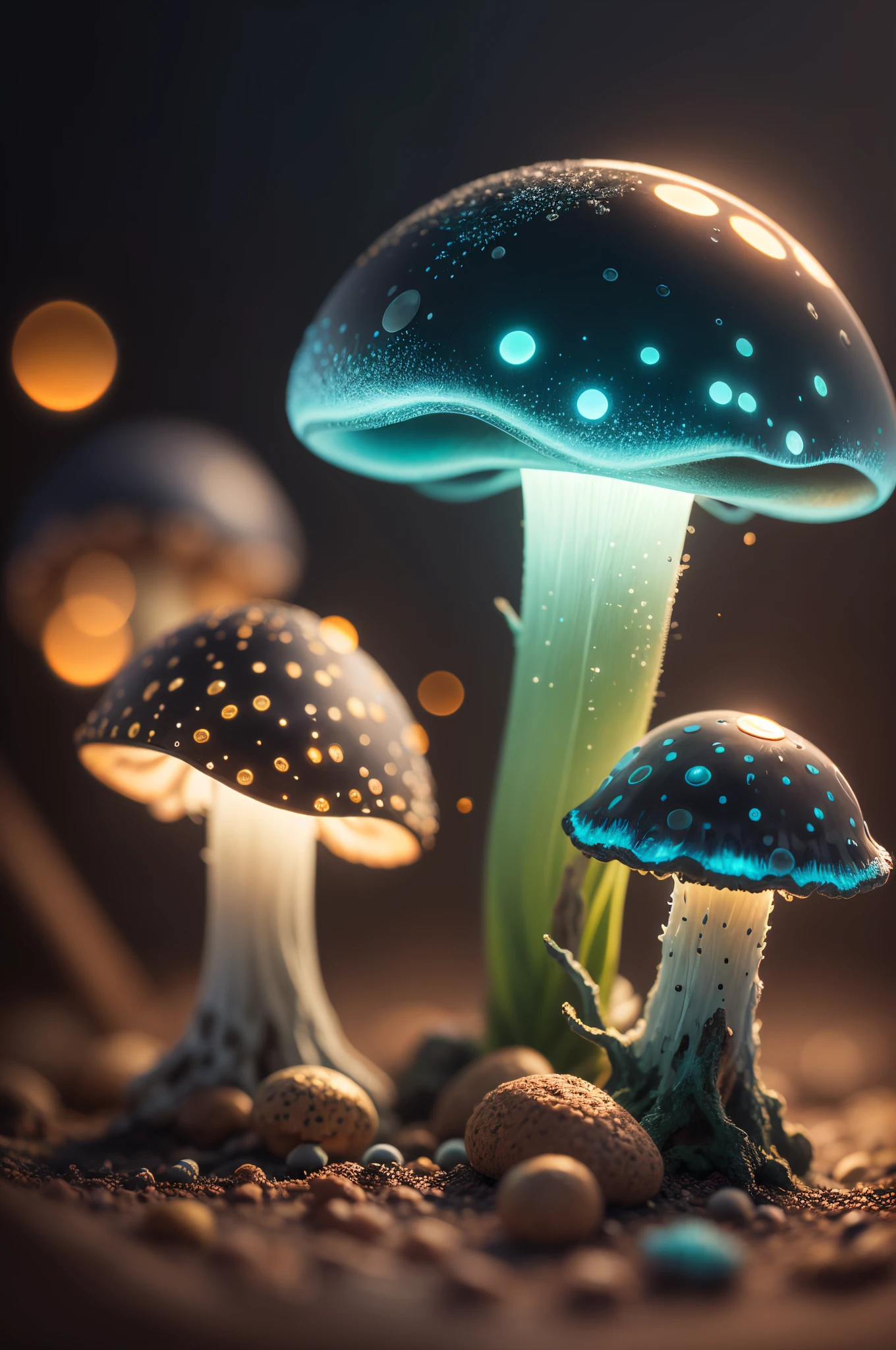 bioluminescent mushroom, bokeh, raytracing, realistic textured skin, particle effects, depth of field, beautiful figure painting, bright light, amazing composition, HDR, volumetric lighting, ultra quality, elegant, highly detailed, masterpiece, best quality, high resolution,