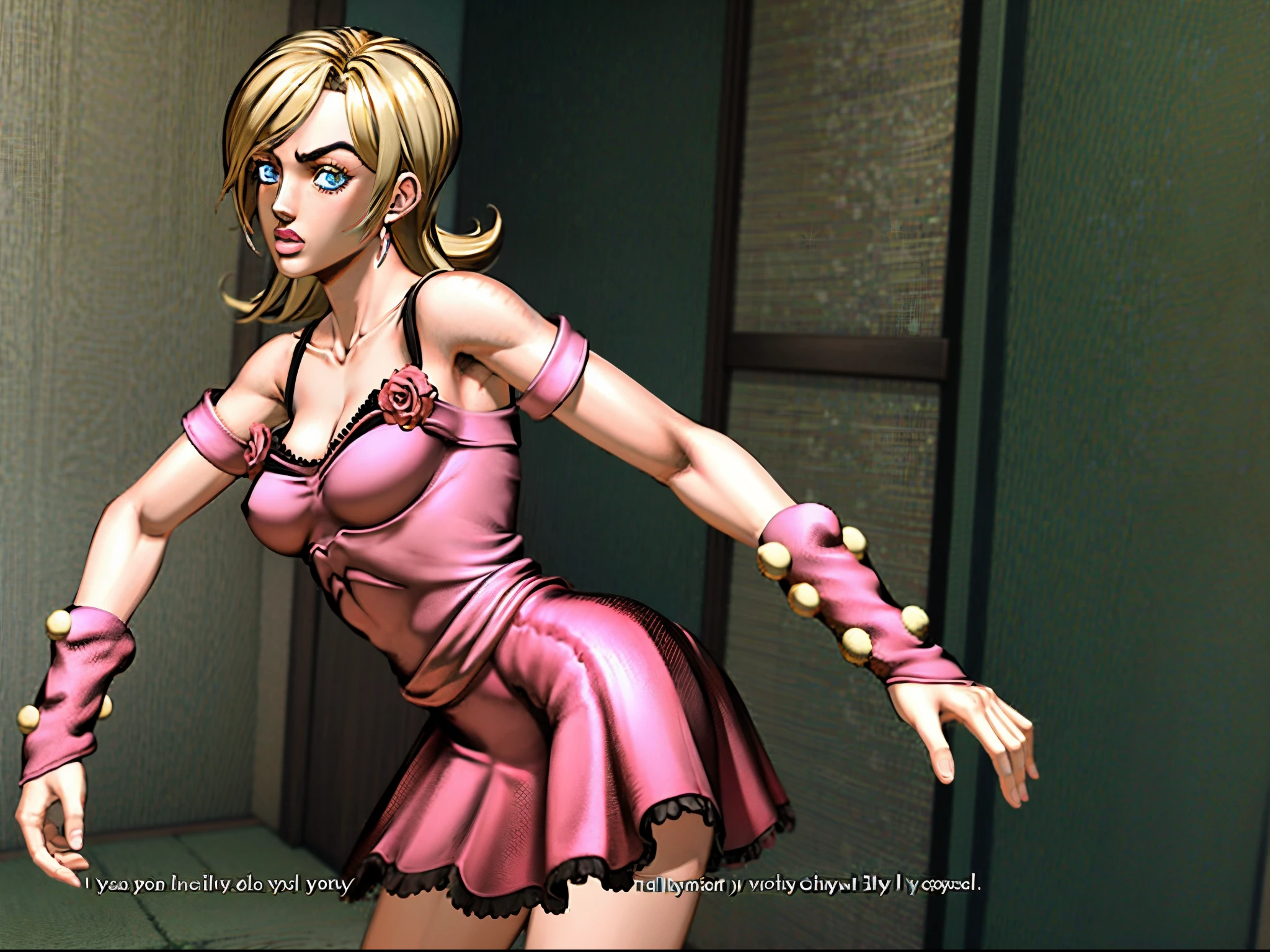 masterpiece, best quality, lucy steel, 1girl, blonde hair, blue eyes, pink dress, pink arm warmers, All-Star_R Style, fake screenshot