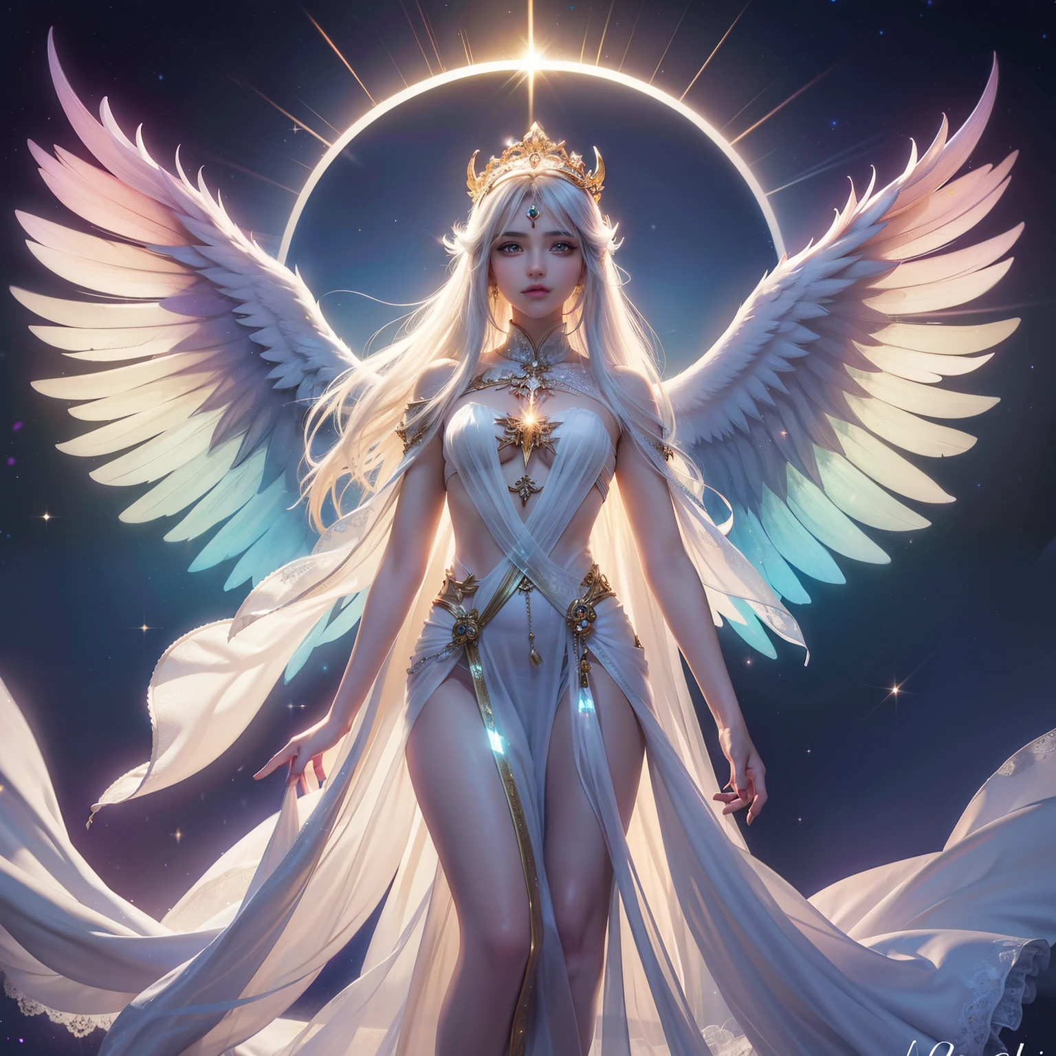 A mystical celestial high form, realistic, radiating magic halo made of gold 2cm thick (all colors of the spectrum enveloping it and shining from it), blinding white light from behind, 2 arms:1.74, white radiating eyes, godly white figure, High Details:1, white translucent see through garnet, blinding white light emanating from behind the figure, beautiful blue translucent (40%) wings that have little star sparkles in them, hands full of cosmic jewelry, radiating spectrum of colors everywhere, long beautiful blue-purplish translucent (60%) hair full of glowing sparkly stars, white shiny eyes, highly detailed face without errors, translucent figure (hair, skin, hands, limbs), less clothed