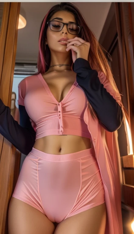 um close de uma mulher de short rosa e camisa branca, roupa muito sexy, roupa sexy, roupa apertada, vestindo camisa apertada, olhar sexy, camisa apertada, mini-saia rosa justa, usando um top cropped sexy, roupa intrigante, her navel is exposed, corpo quente sexy, roupa reveladora, usando roupas simples e apertadas, usando um top bonito, corpo sexy