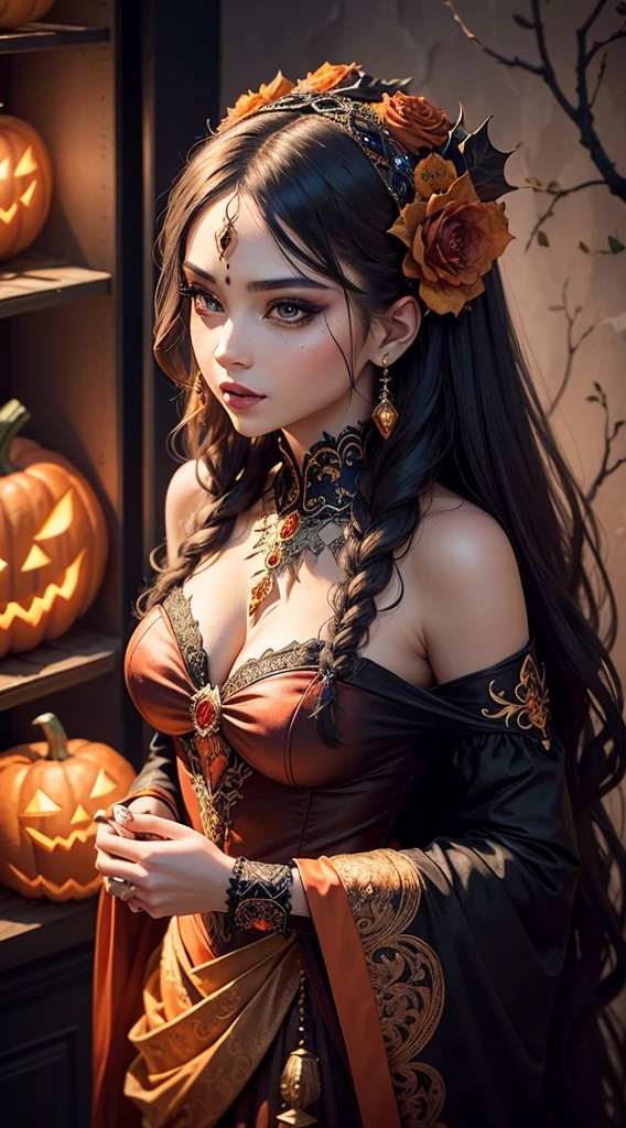 Immortalize a masterpiece portraying a stunning woman adorned in an intricately detailed Halloween costume. Highlight the enchanting elements of her attire, with luxurious fabrics and intricate details, reflecting the magical essence of the celebration. Explore lush makeup that enhances her beauty, incorporating artistic and enigmatic touches. Emphasize the facial expression that blends mystery and charm, and include symbolic Halloween elements like illuminated pumpkins and autumn leaves. Create a visual composition that captures the unique magic of this woman and the festive atmosphere of Halloween night