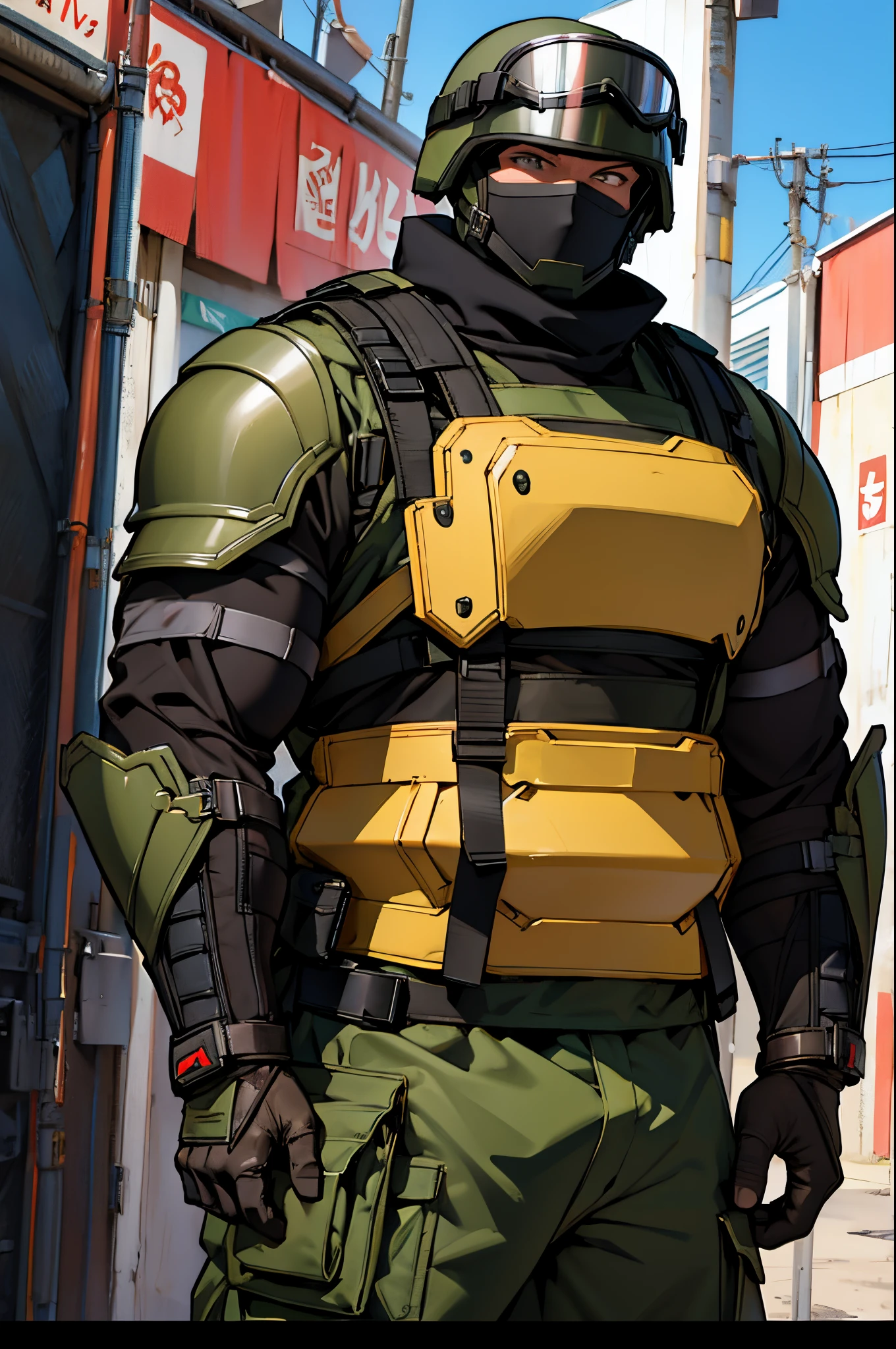 Soldier wearing black-coloured juggernaut armour and visor in anime style