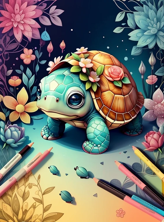 (cute baby turtle with flowers), Munchkin ,Geometric multidimensional wall portrait, livro de arte, Tchibi,
Yang08k, Beautiful, Colouring,
Obras, of the highest quality, best quality, Arte Oficial, Beautiful and Aesthetic,