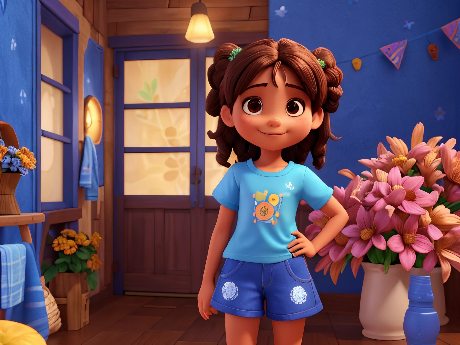 , morena, 5 anos, brown hair tied back, blusa de frio com estampa de flores e fundo azul, sorrindo, estilo disney pixar, 3d, animation character, alta qualidade