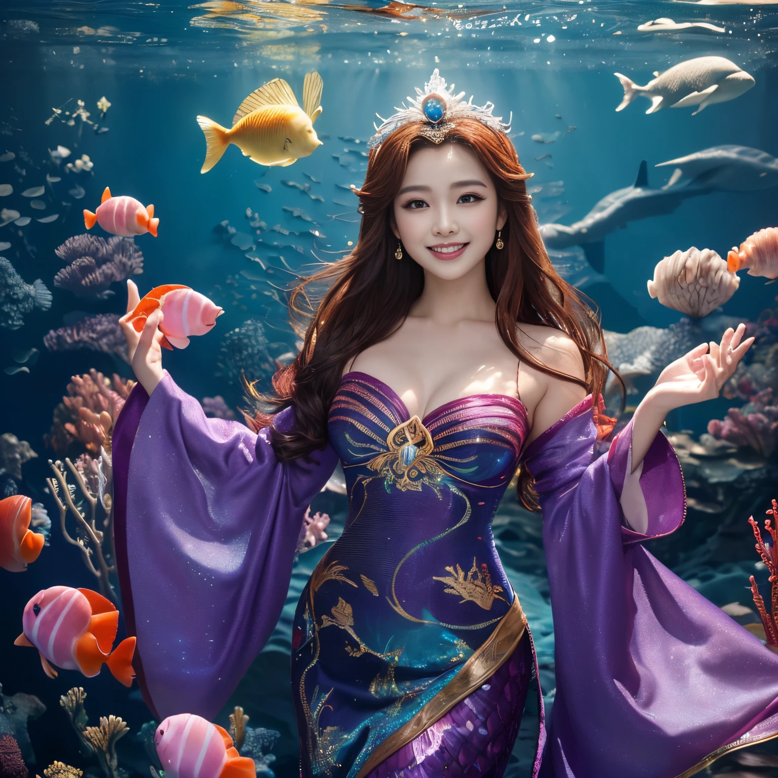 (top-quality、masutepiece、in 8K、Top image quality、super-fine、Award-Winning Works)、(Little mermaid wearing the finest goddess costume:1.5)、(The most gorgeous Chinese goddess long costume:1.3)、(A mermaid wearing a goddess long-sleeved kimono:1.2)、(The most gorgeous Chinese giant costume mermaid princess:1.3)、(The most gorgeous pink and purple goddess costume:1.3)、(The most intricate pink and purple scales:1.2)、Ultra-precise and complex brilliance of scales、Accurate and beautiful mermaid tail、(Accurate depiction of the swimming mermaid:1.2)、(Accurate mermaid tail:1.1)、(Accurate hair:1.2)、(mermaid princess swimming in the deep sea:1.5)、Many small fish are swimming、(accurate anatomy:1.2)、View me、Biggest smile、Perfectly depict detailed and complex underwater scenes、Detailed depictions of many beautiful sea creatures