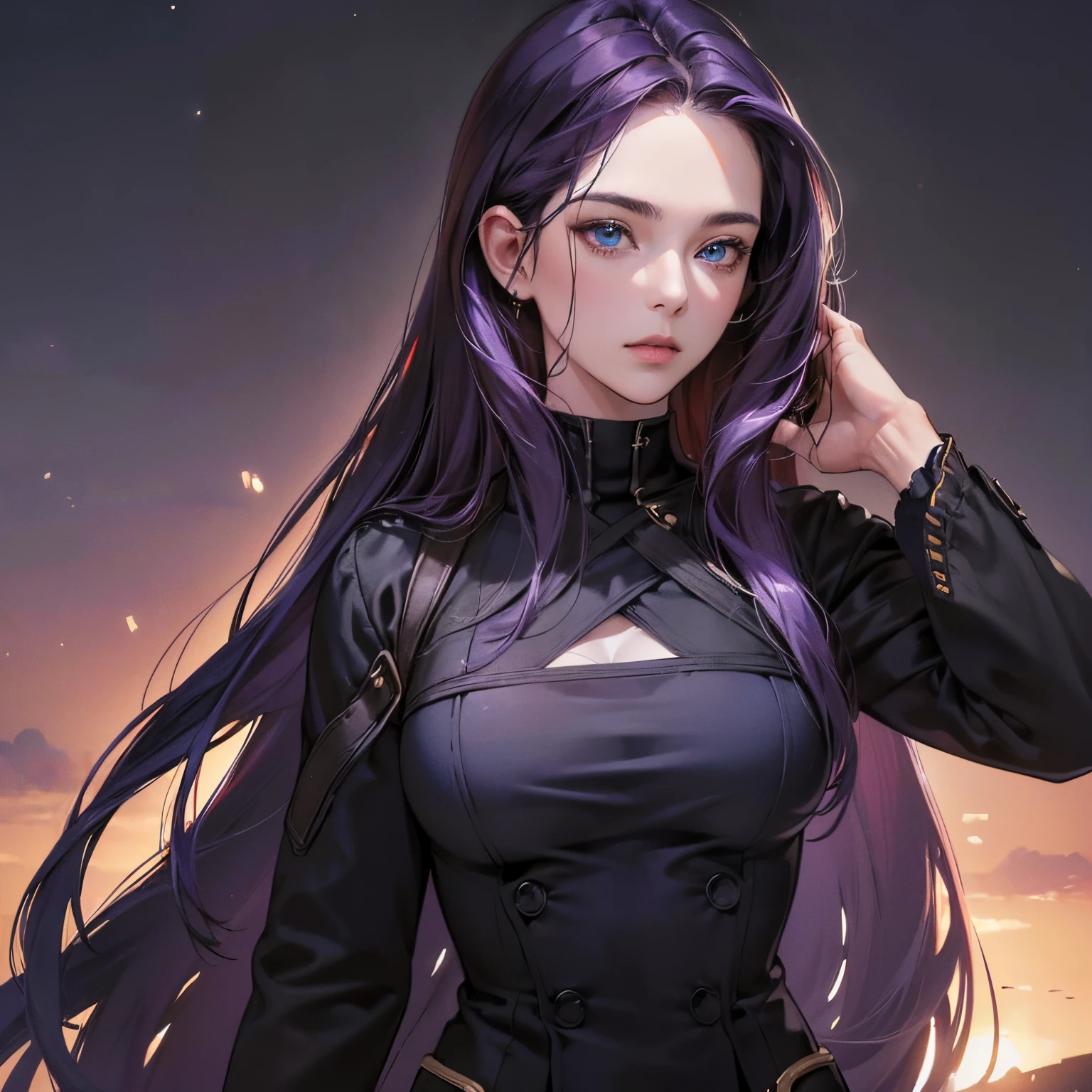 (high resolution,ultra-detailed,photorealistic:1.37), oil painting, a woman with long dark purple hair, deep blue eyes, dressed in a black outfit, She is an archer.