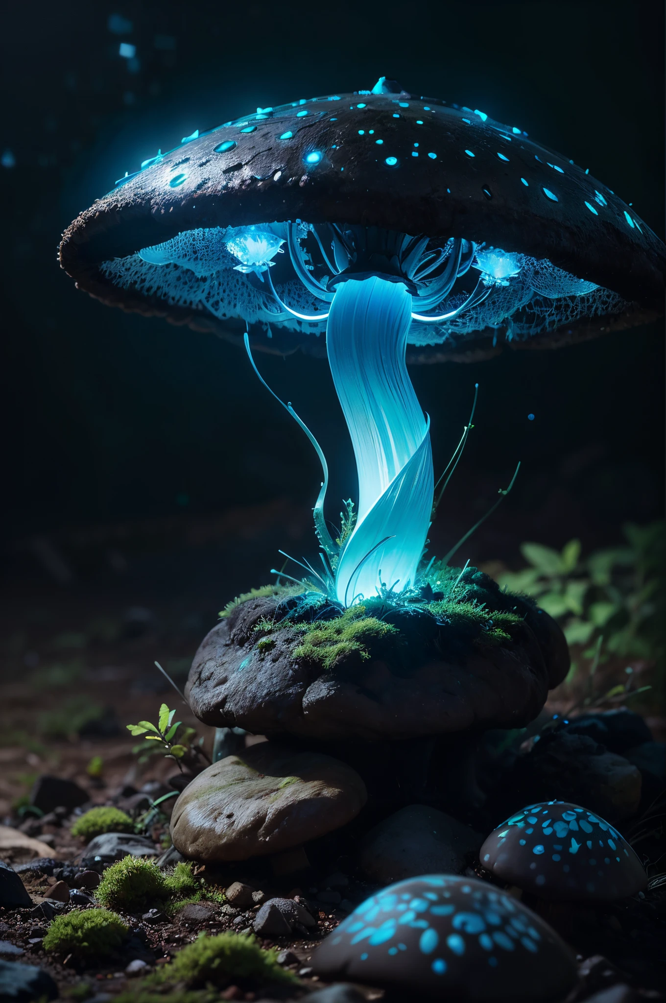 bioluminescent mushroom, bokeh, raytracing, realistic textured skin, particle effects, depth of field, beautiful figure painting, bright light, amazing composition, HDR, volumetric lighting, ultra quality, elegant, highly detailed, masterpiece, best quality, high resolution,