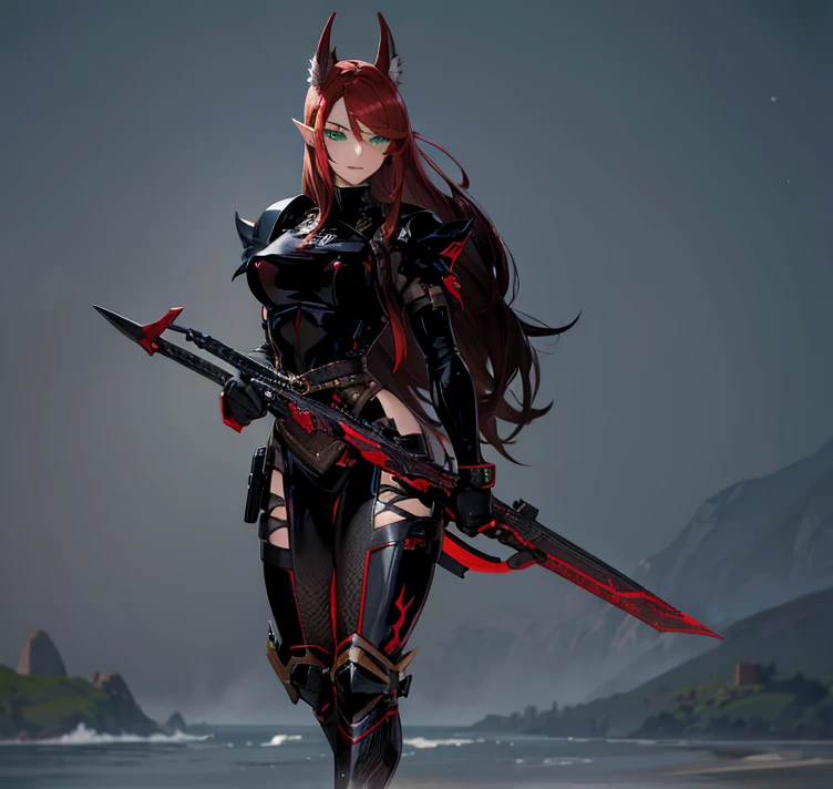 Dark elf girl,husky and red hair,green eyes,black sexy dress,20 years old,cute face,sunny weather,