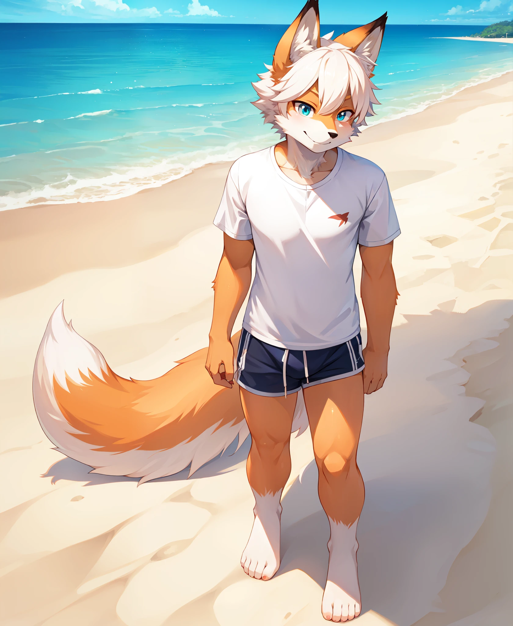 adult solo,kemono fox, short white hair, shorts, shirt, smirk,beach clothes, extreme detail, masterpiece, hi res, high detail, detailed eyes, detailed hands, full body picture, beach background