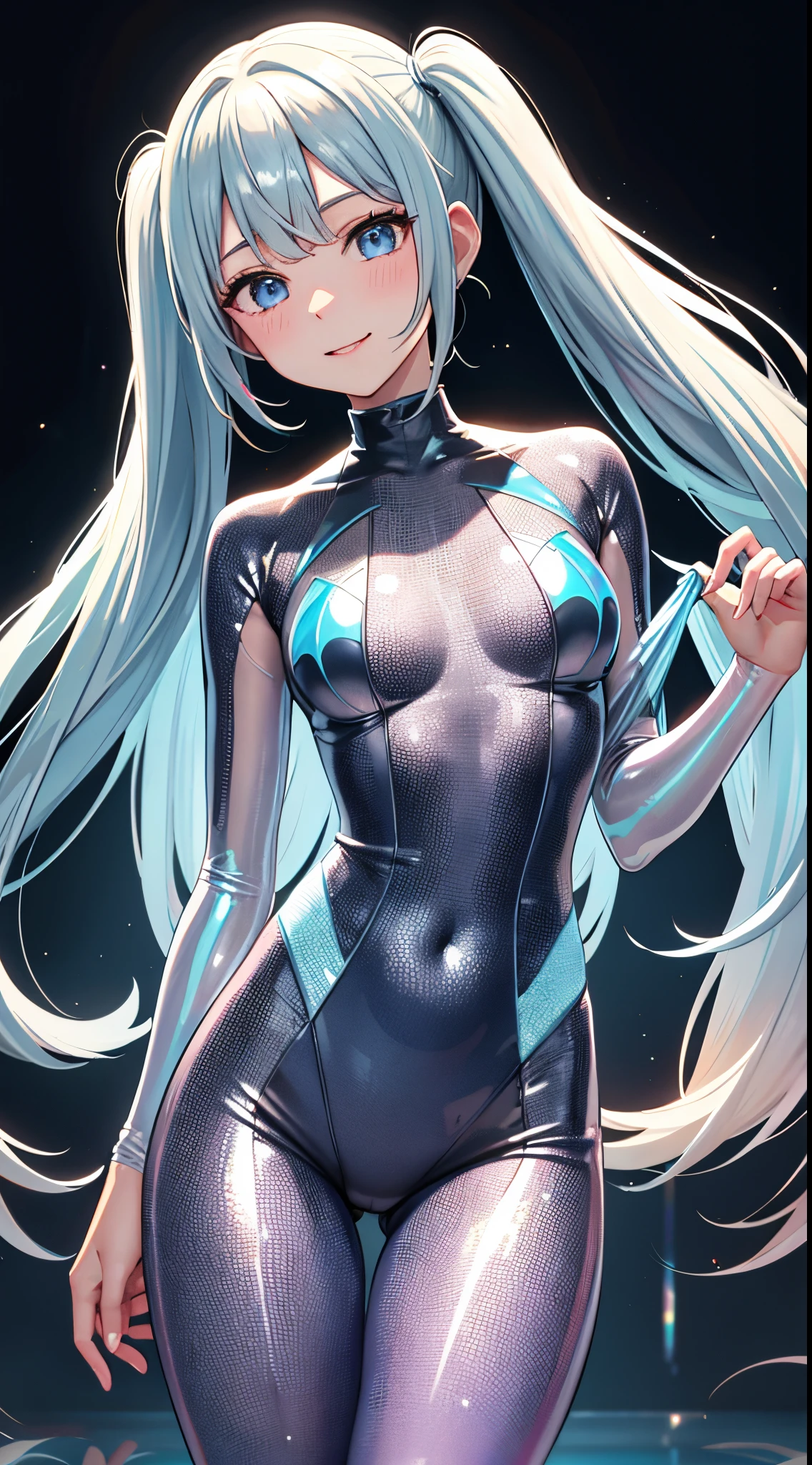 (Angelic Very beautiful cute girl),
Beautiful detailed eyes, 
Detailed double eyelids,
(Cute eyes),
Light blue long hair、Sharp focus on the chest of the twintails, adorable smile beautiful detailed face and eyes, 
drooping eyes,BREAK  
(Super Gloss Metallic Coral Yellow Transparent Holographic Suit:1.2), (Super Tight Fit Holographic Suit、Superreflective surface:1.5),
(Super Tight Fit Holographic Suit:1.5) ,
(Super Reflective Holographic Suit:1.3),
small nose,(爆乳:1.3),
Beautiful legs,
(Best Quality:1.2),
Raw photo, 
High resolution, 
perfect  detail, 
Professional Photography, 
Professional Lighting,
Strong lighting of the bodysuit,Outdoor photography,Long leg、