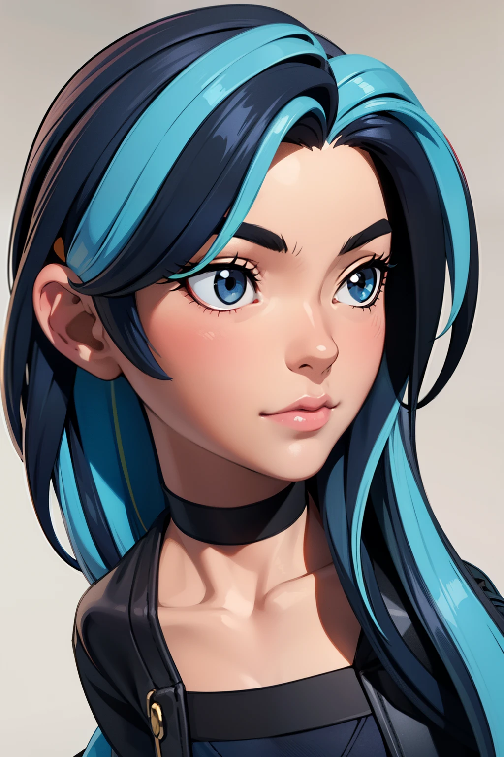 1girl, teenager, solo, (Inigo blue two-tone hair, waist length very very long straight hair: 1.15), shy face, (half lidded eyes: 1.21), necklace, clear perfect skin, jewelry, realistic, medium breasts, simple background, looking away, (tight black shirt, choker, ripped shirt, short shorts, thigh high stockings, plad sneakers: 1.11), masterpiece, best quality,3d rending work ,3DMM style, close-up, portrait, 3D,
