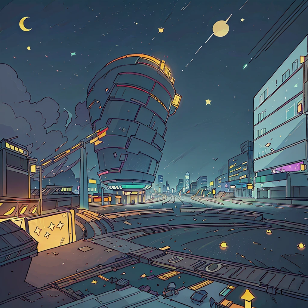 Create a city at night. there are tall buildings. there is a highway. the roadside is a street light pole. there are many people crossing the road when there is a green traffic control device. the right or there is a beautiful crescent moon. full of luminous stars.(quality image)(with pixel image style)
