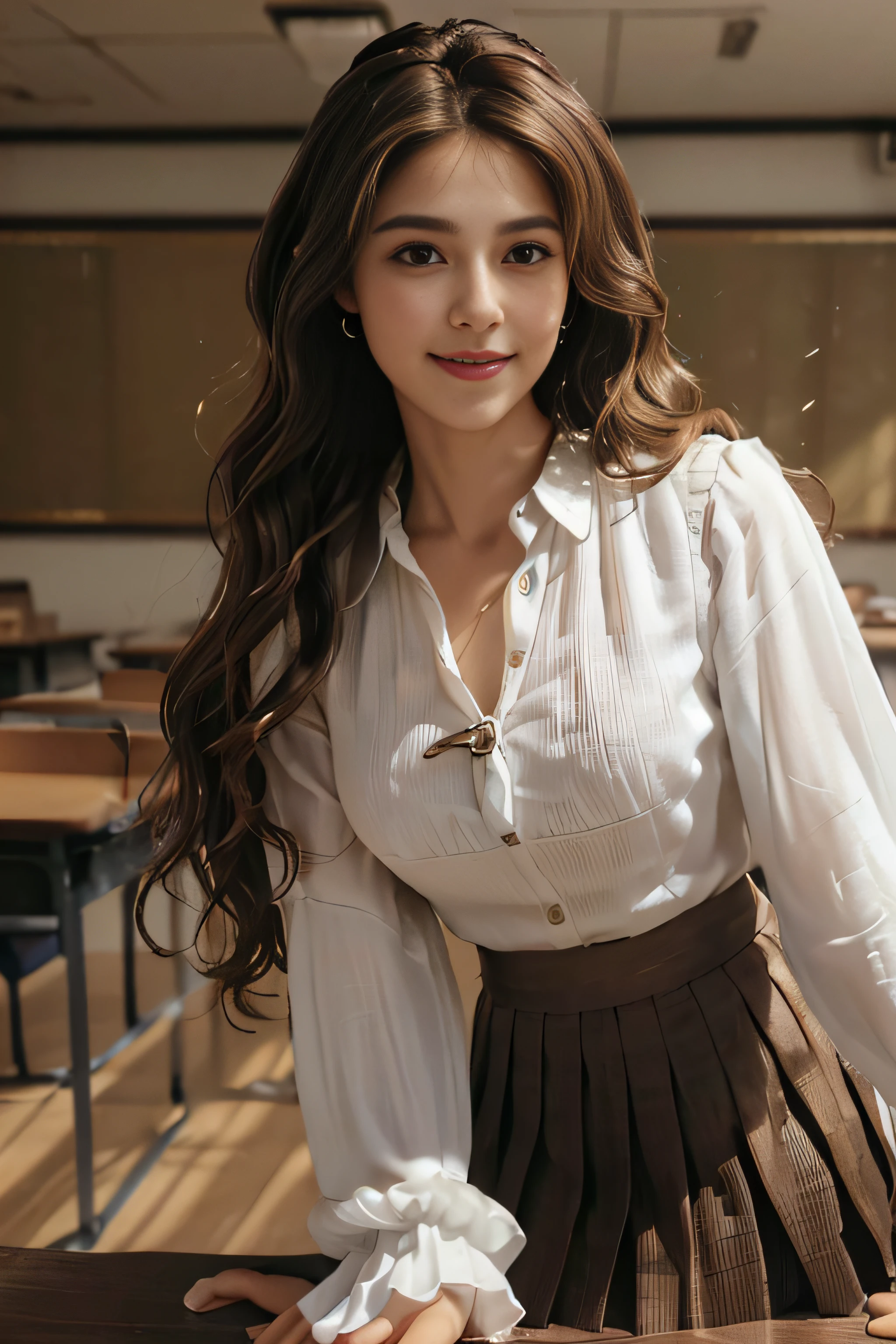 ((beautiful a girl:1.3)) ((Neat white blouse:1.5))((Brown pleated skirt:1.3)) (((Smile:1.2)) ((Medium chest:1.2)) (Upper body only:1.3) ((close-up:1.1)) Best Quality,masutepiece,超A high resolution,(Photorealistic:1.4),Raw photo,(Authentic skin texture:1.3),(Film grain:1.3),the panorama,Character Portrait,Very Wide Shot,Narrow waist,Cowboy Shot,(In the Dark, deepshadow, lowkey, cold light,) Night,(()),Streaming Tears,,Dust,Tindall Effect,(expression),,beautiful detailed eyes and face,Brown eyes, ((Full body:1.3)) ((In the classroom)) ((Upper body:1.2))((long brown hair:1.2))((loose and wavy hair:1.3))