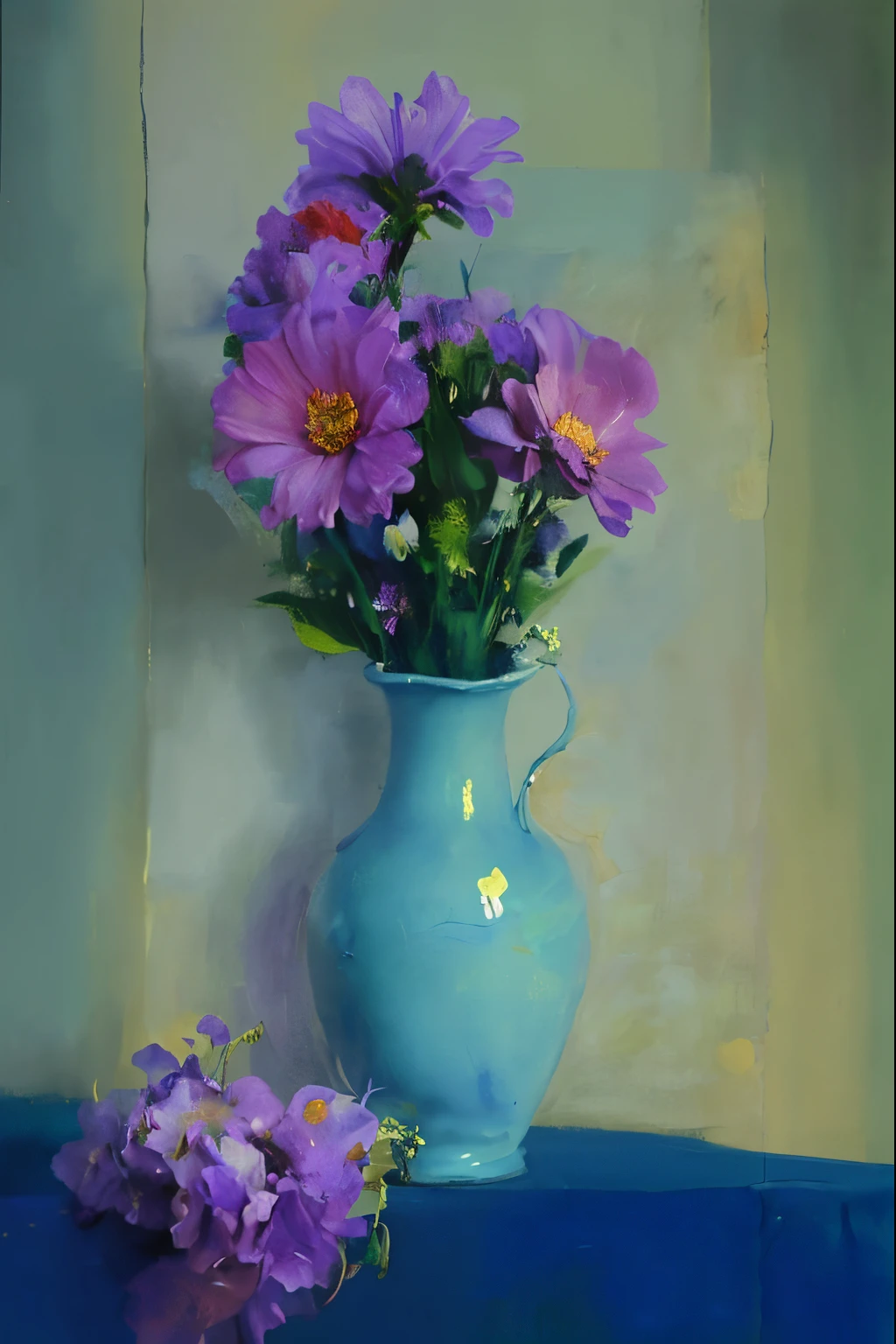 painting of a blue vase with purple flowers on a blue table, realistic flowers oil painting, by Marie Bashkirtseff, pastel style painting, vase with flowers, oil digital painting, by Igor Grabar, elegant digital painting, digital oil painting, painterly style, digital art oil painting, oil paint style, by David Park, oil painting style