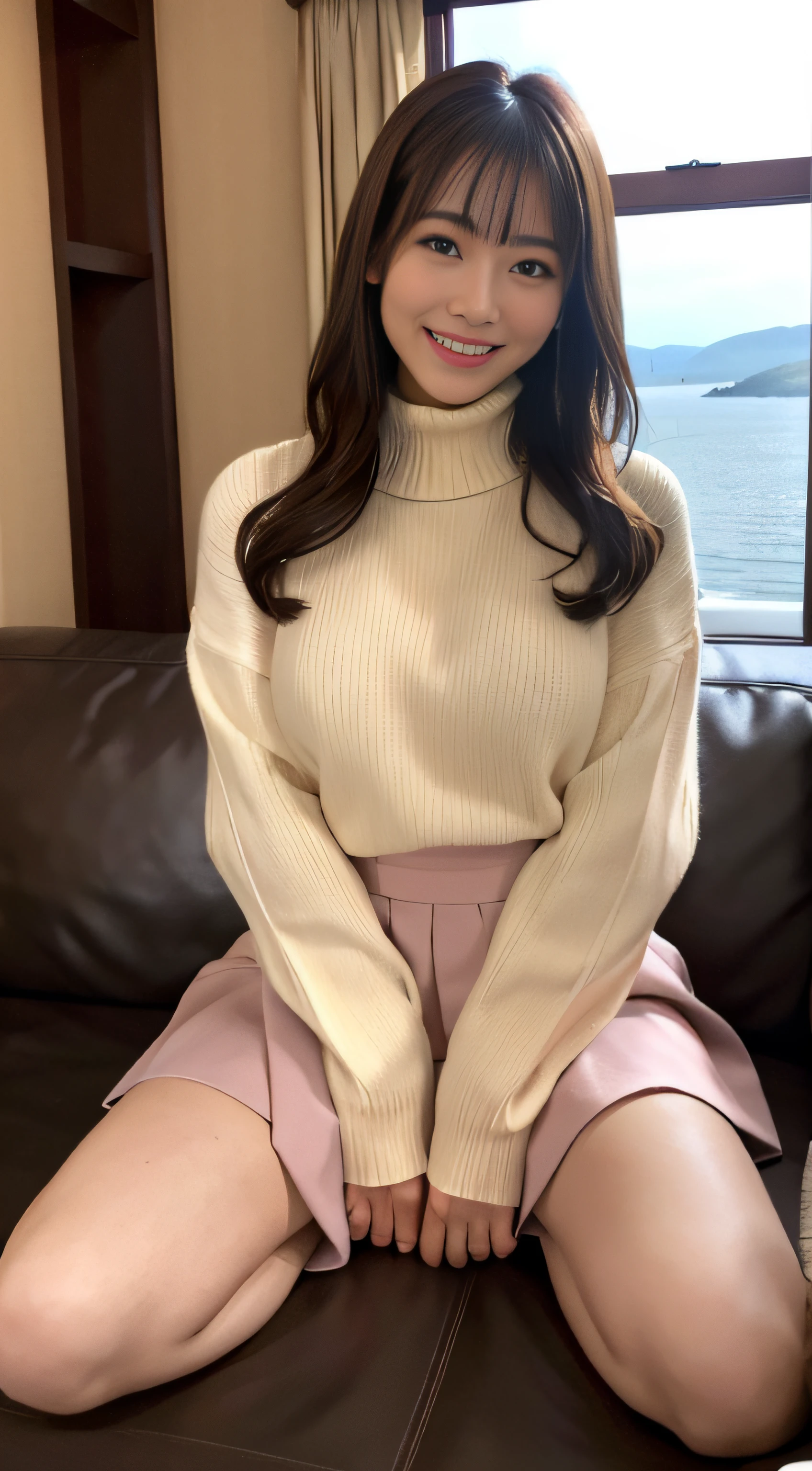 top-quality、Top image quality、masterpiece、fully body photo、25 years old women、dark brown medium wavy hair、bangss、Beige turtleneck sweater、long flare skirt long boots、Black stockings、Big breasts,、sit on sofa、((Open knees、Open both knees))、Pink panties are visible、((Puffy nipple))、soft boob、、Kamimei、 Shy laughter、Hotel room with sea view