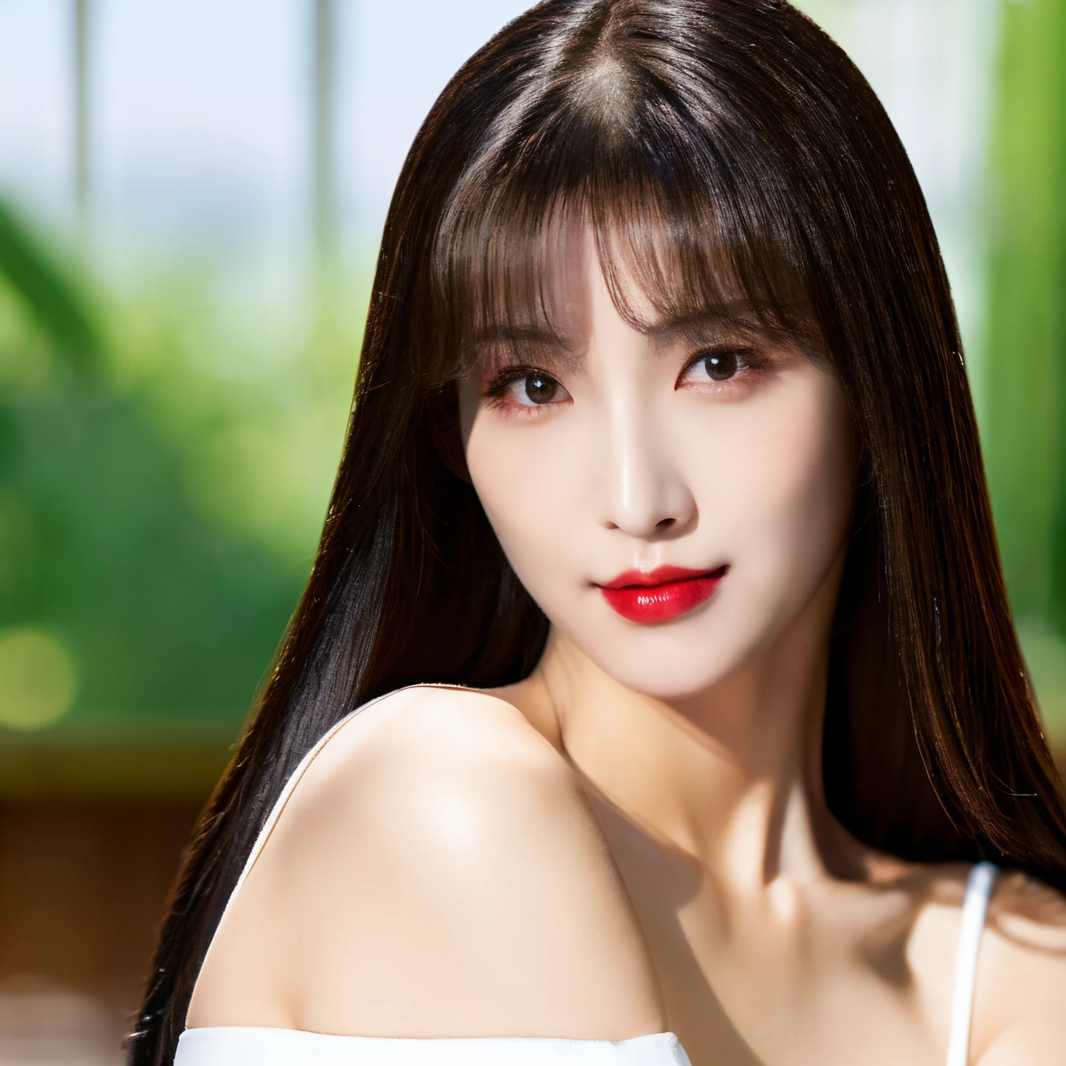 Depict Korean female, jet black long shiny straight hair with chinese bang,pale white skin, plump red lips glossy, seductive glare,8k,masterpiece,illuminating skin,vivid eyes