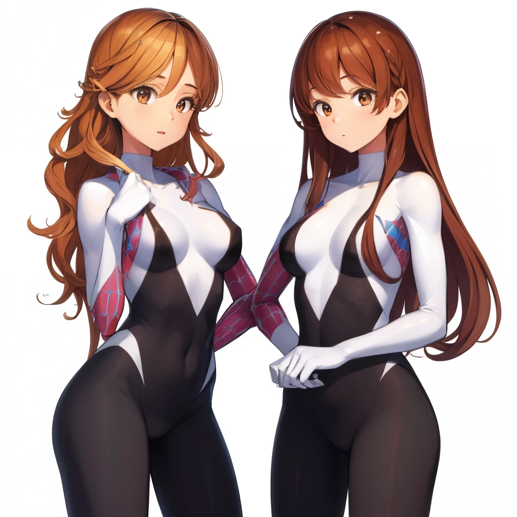 2girls, duo, twins, standing shoulder-to-shoulder, teenage woman, brown hair, blonde hair, long curly hair, matching hairstyles, different hair colors, hair down, hazel eyes, spider suit, white background, best quality, highly detailed