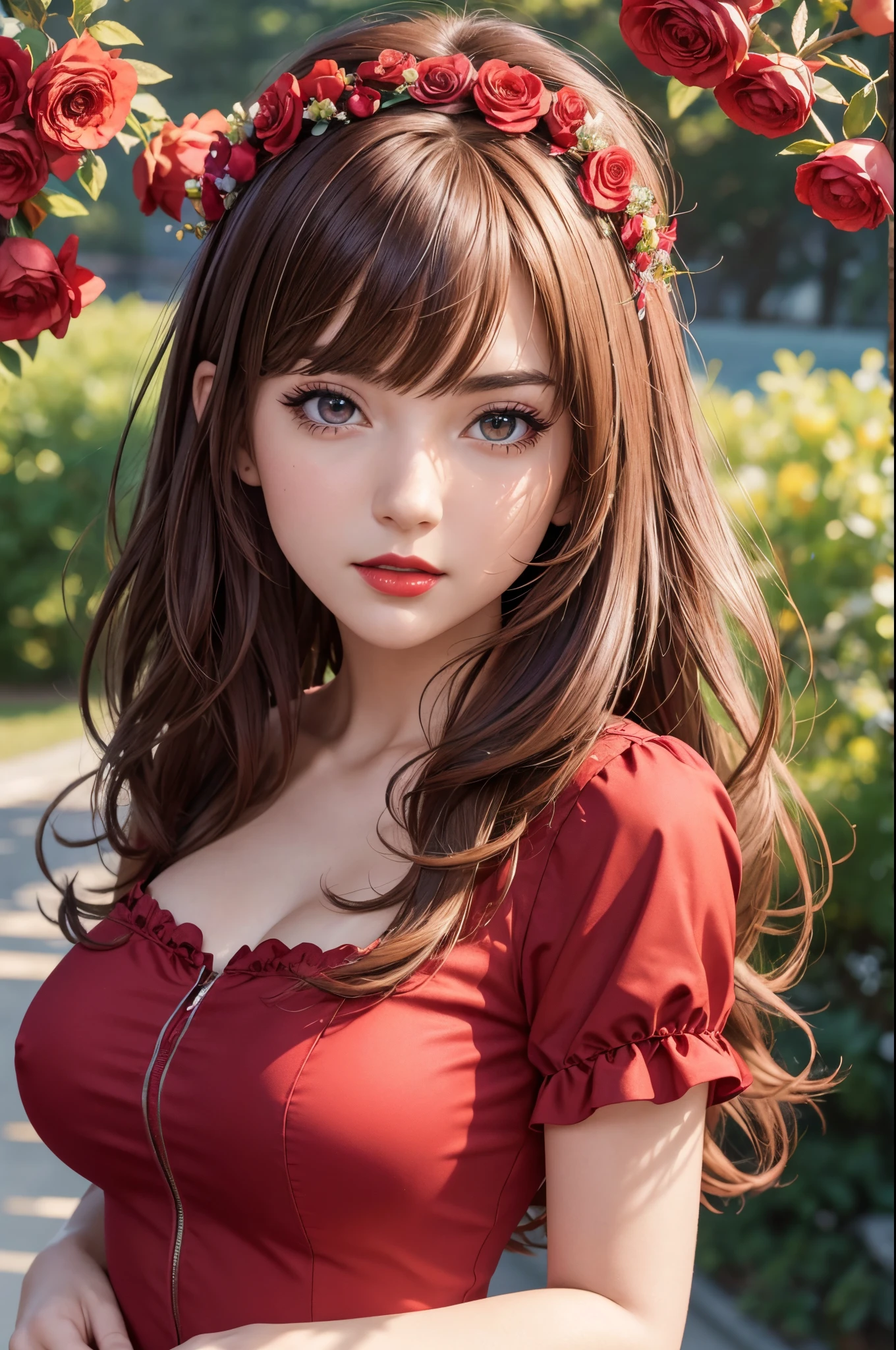 (masterpiece),(best quality:1.0), (ultra highres:1.0), detailed illustration, 8k, anime, 1girl, beautiful anime girl, wearing a red dress, Breasts out over top of dress, flower crown, pretty face, detailed face, beautiful eyes, detailed eyes, dark red eyes, bright red lips, red lipstick, beautiful stylish hair, highlights in hair, bangs anime style, best quality, vibrant