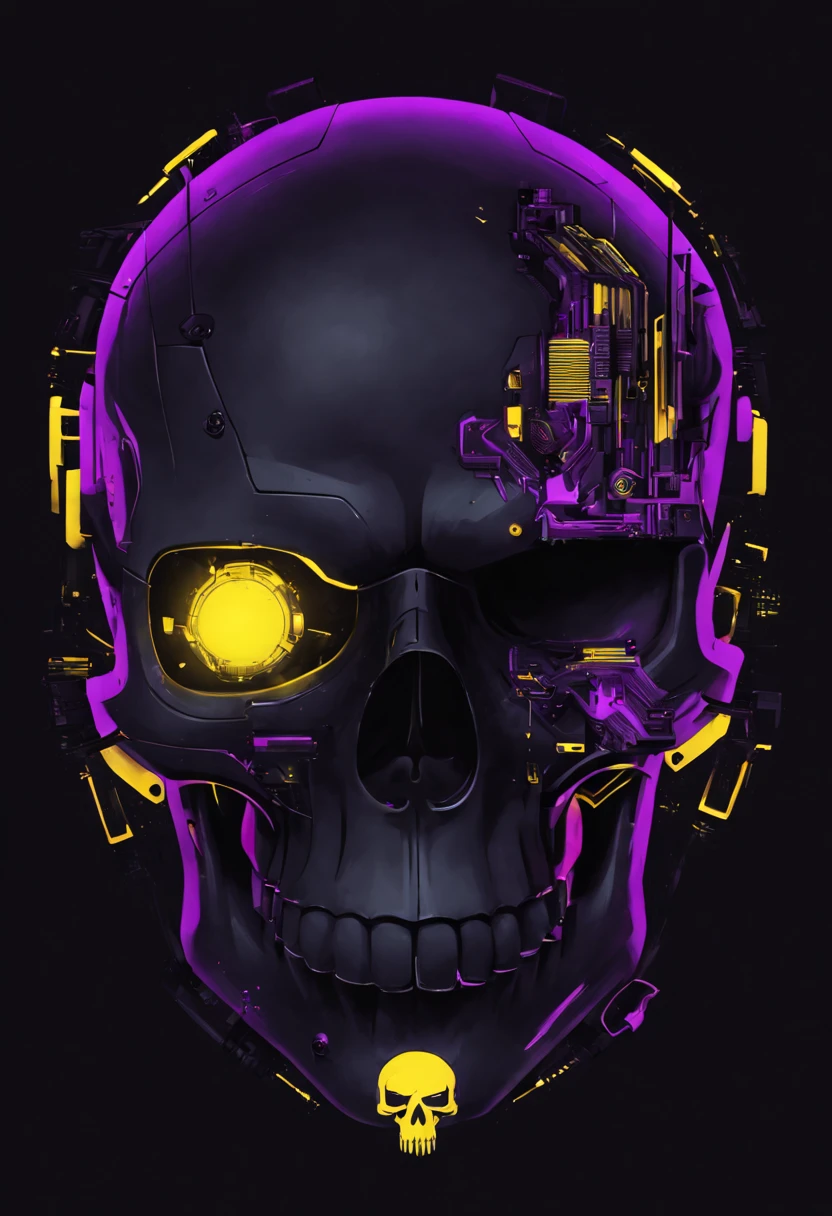 cyberpunk skull, black background, purple & yellow, minimalist,cyberpunk style