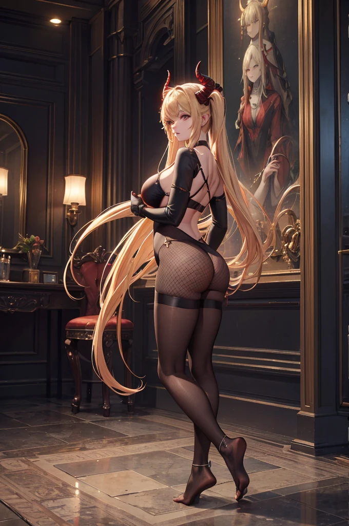 (best quality, masterpiece: 1.2) , (tmasterpiece) , (very detailed CG unified 8k wallpaper) , (Unreal Engine 5 graphical quality) hot darksouls whore with horns giant tits very tight BRA red demon skin, full body picture, long blonde pigtails, standing upright, wearing a full black fishnet bodysuit, bare feet, she is extremely attractive, her legs are elegant and fit, she has attractive thighs, she has an attractive large round butt, her skin is demonic and red, everything about her is very beautiful and gorgeous and attractive in a classical sense, she knows that she looks beautiful, she knows that the camera thinks she is gorgeous, she is fierce and sexy