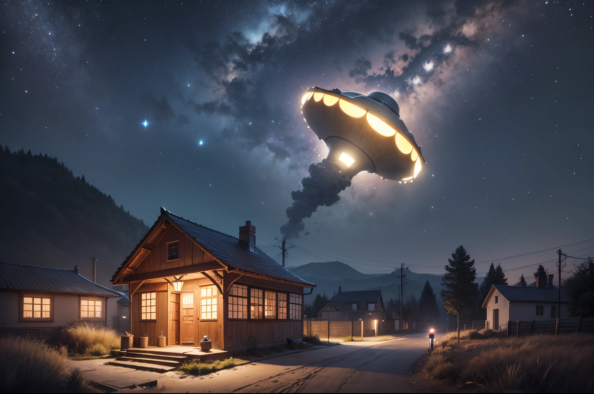 night guard holding a lit torch in his hand in a small village near a house looks up and sees a shiny UFO in the night sky , realistic --auto --s2