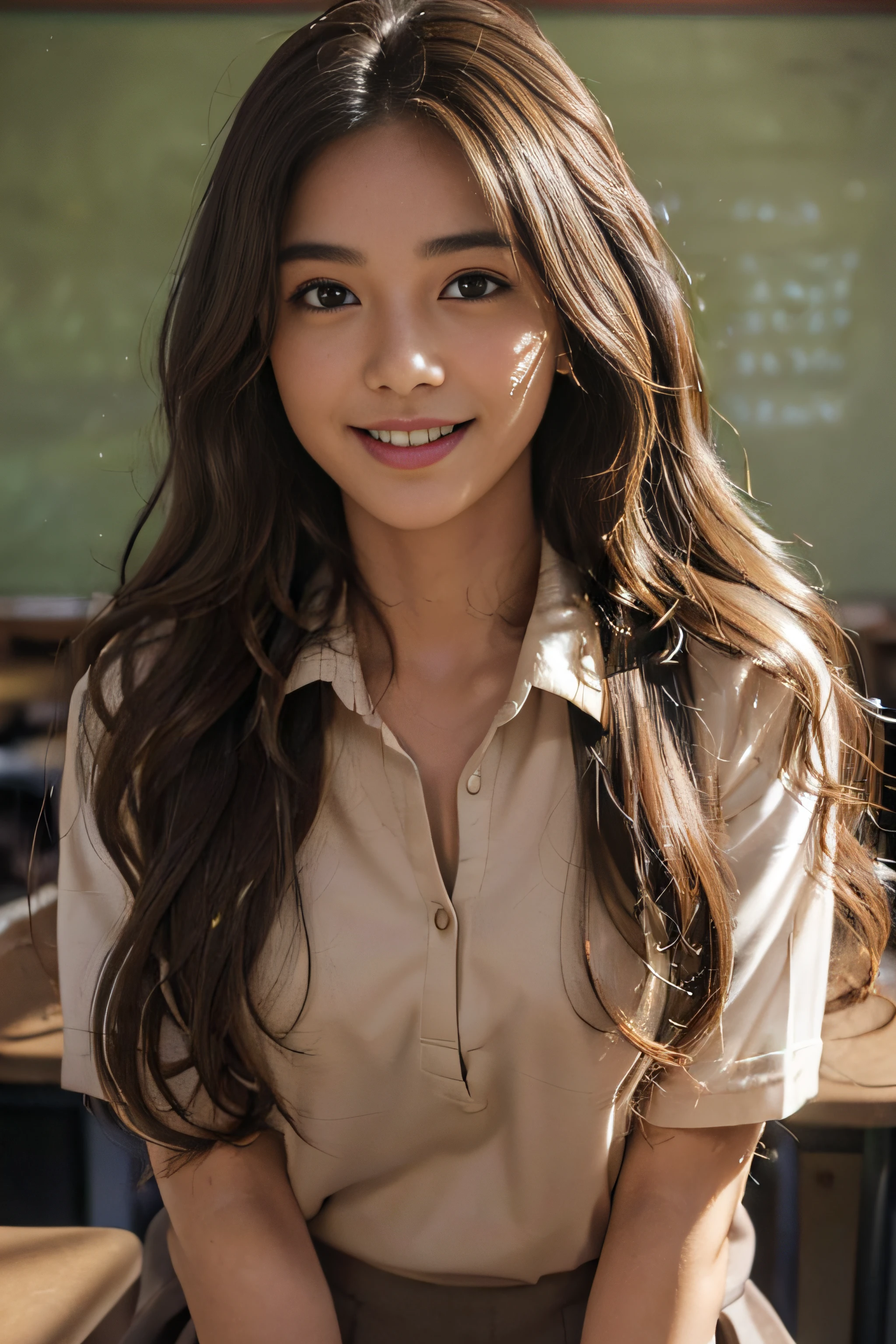 ((beautiful a girl:1.3)) ((School uniform:1.5)) (((Smile:1.2)) ((Medium chest:1.2)) () ((close-up:1.1)) Best Quality,masutepiece,超A high resolution,(Photorealistic:1.4),Raw photo,(Authentic skin texture:1.3),(Film grain:1.3),the panorama,Character Portrait,Very Wide Shot,Narrow waist,Cowboy Shot,(In the Dark, deepshadow, lowkey, cold light,) Night,(()),Streaming Tears,,Dust,Tindall Effect,(expression),,beautiful detailed eyes and face,Brown eyes, ((Full body:1.3)) ((In the classroom)) ((Upper body:1.2))((brown super long hair:1.2))((loose and wavy hair:1.3))
