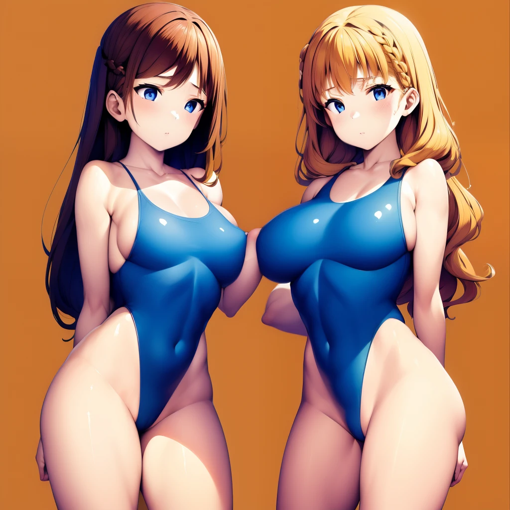 2girls, duo, twins, standing shoulder-to-shoulder, age woman, brown hair, blonde hair, long curly hair, matching hairstyles, different hair colors, hair down, hazel eyes, leotard, white background, best quality, highly detailed