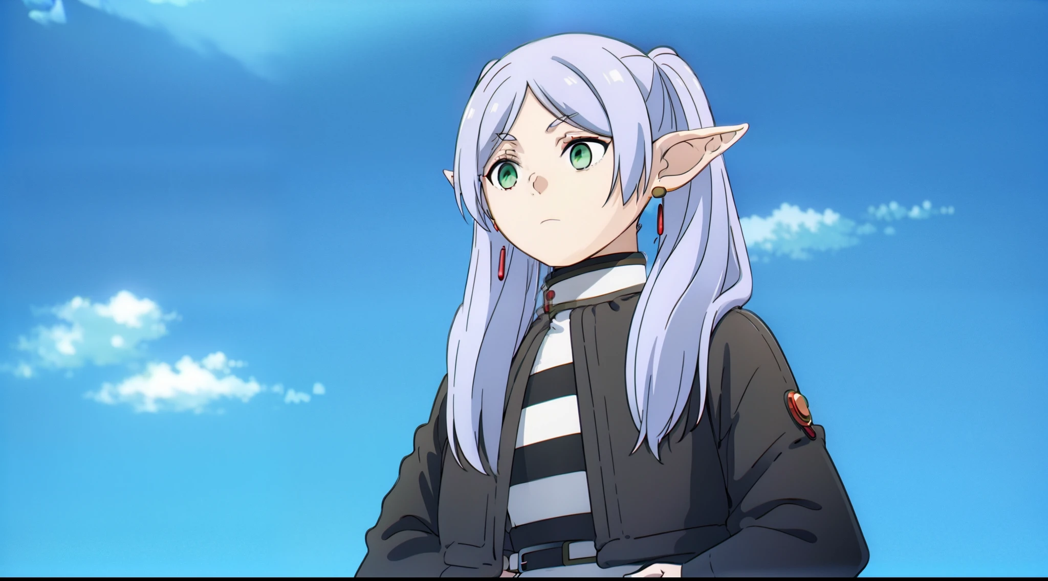 masterpiece, illustration, best quality, 8k, 1girl, solo, frieren, long hair, twintails, (green eyes:1.2), grey hair, pointy ears, elf, serious, neutral, inexpressive, serious, closed mouth, turtleneck dress, long sleeves, (black dress), monocolor dress, standing, looking at viewer, (from side shot), ((scenary)), arms behind back, ((close-up)), upper body, ((white background, transparent background)), cowboy shot